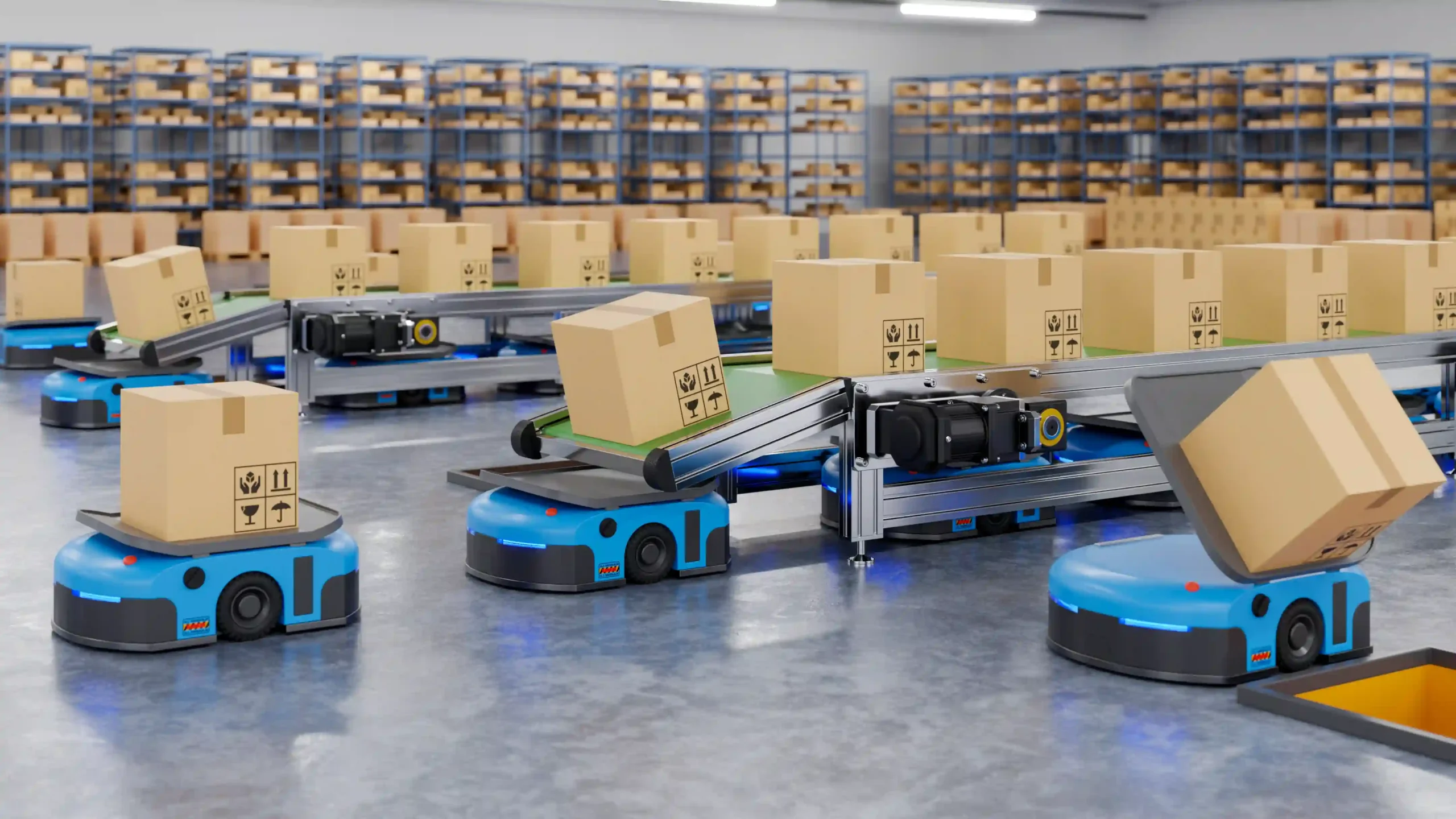 Pick and pack robots transporting boxes from conveyors and sorting them across warehouse zones