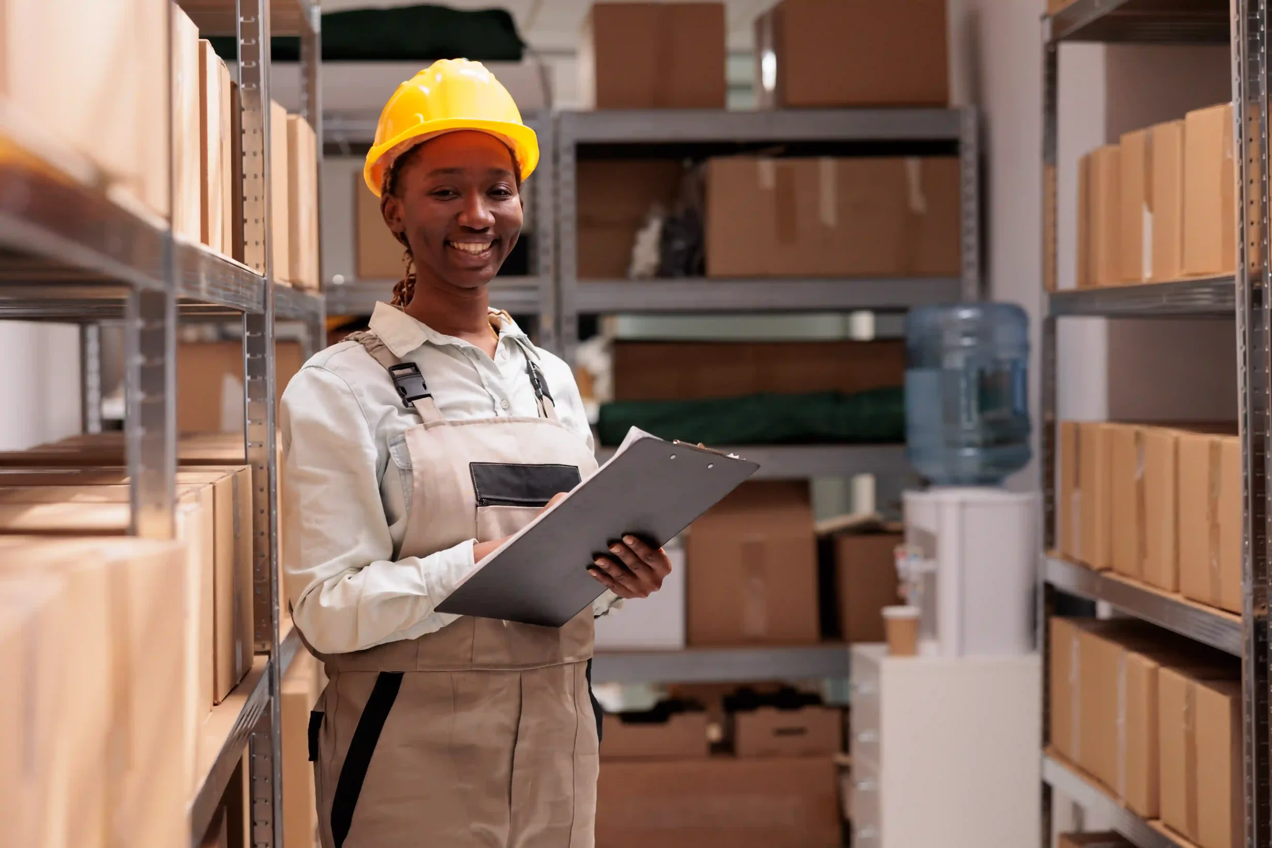 Smiling warehouse supervisor with clipboard showcasing the importance of warehousing oversight and control.