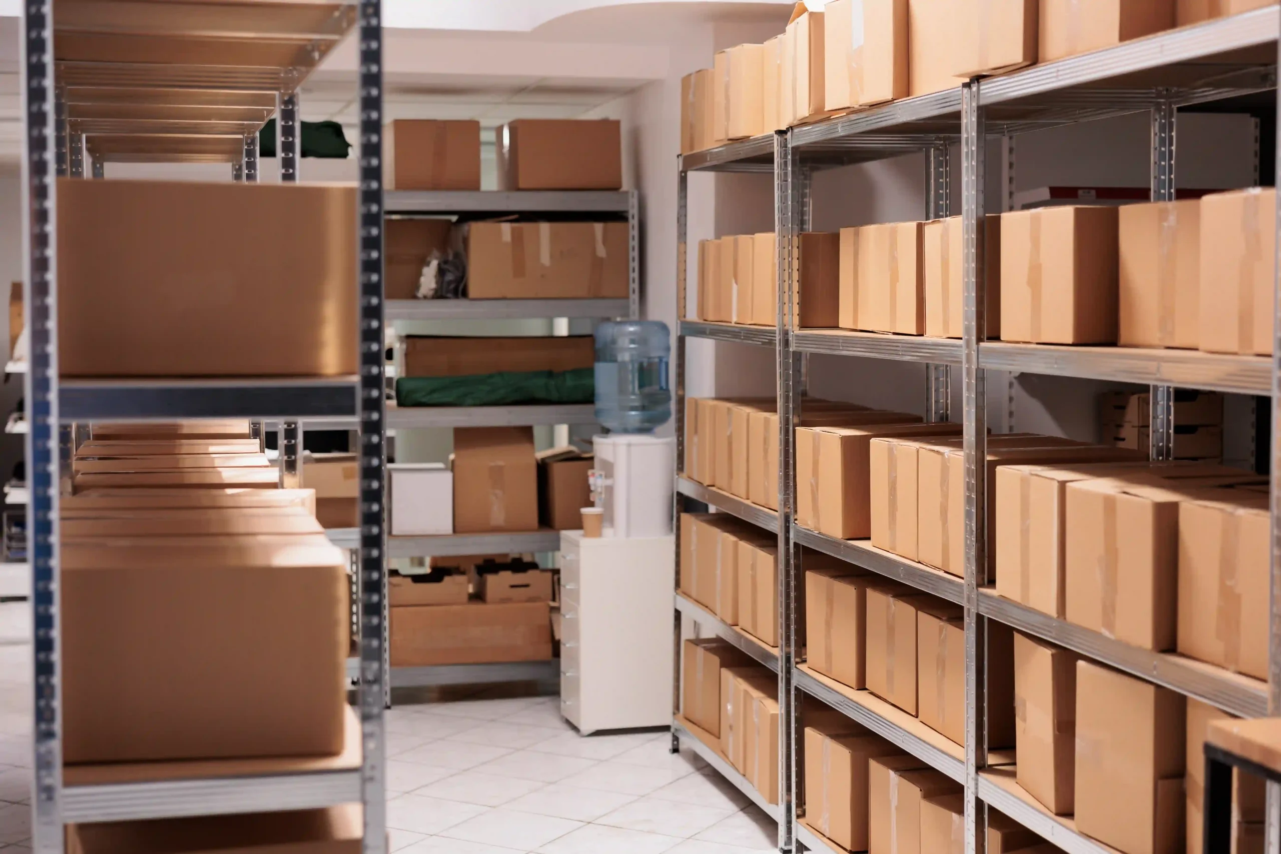 Shelves filled with labeled boxes in a secure 3PL warehouse solutions facility