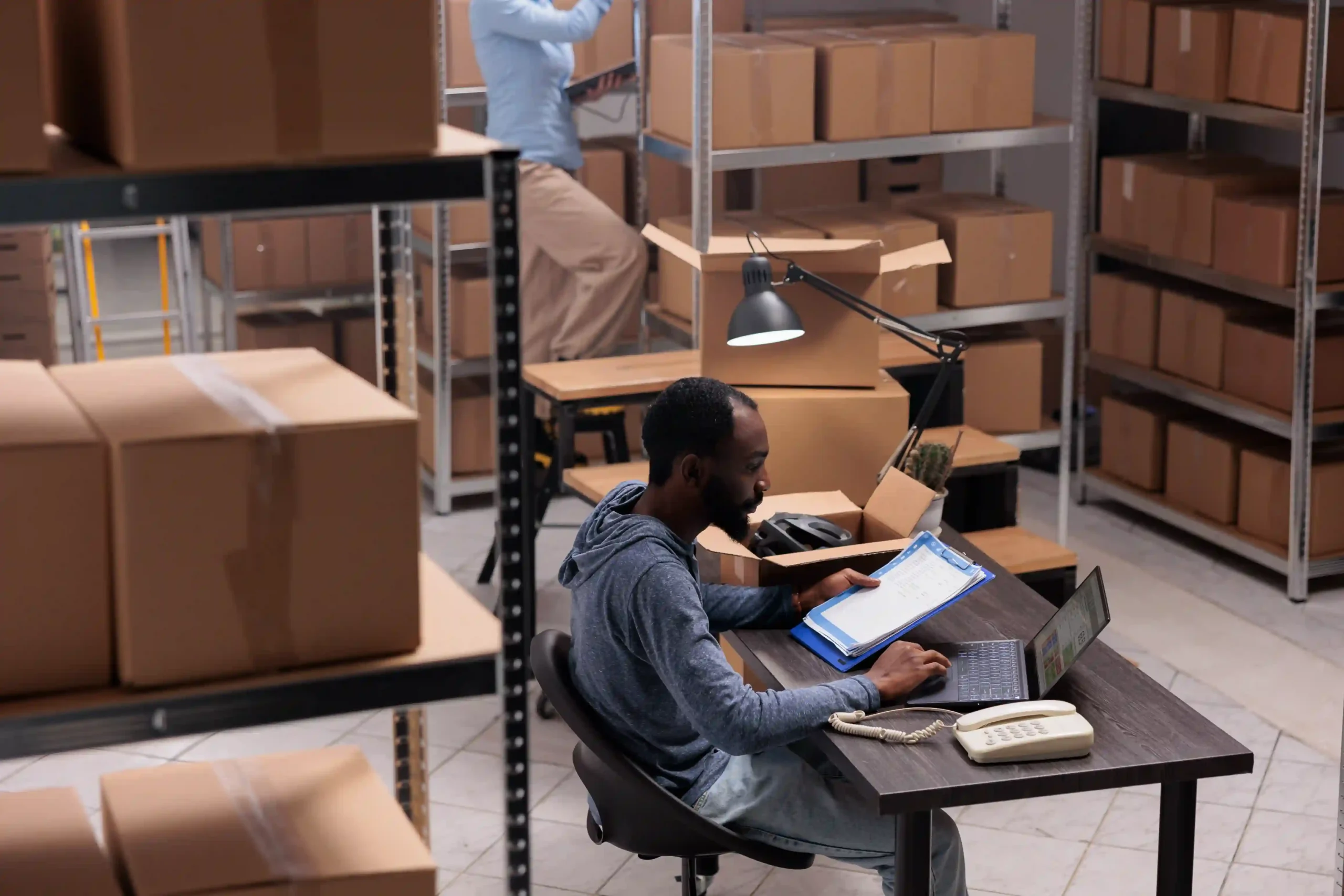 Logistics manager reviewing shipment details in a warehouse office, representing the importance of warehousing in supply chain planning.