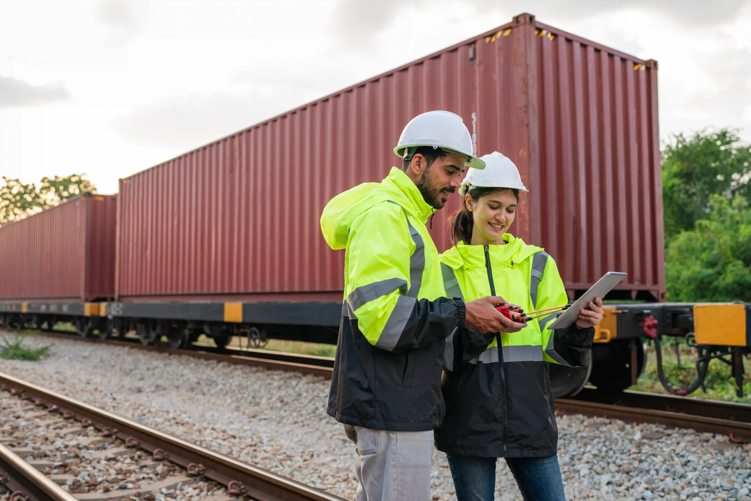 Engineers inspecting freight containers along a rail line as part of 3PL freight services infrastructure