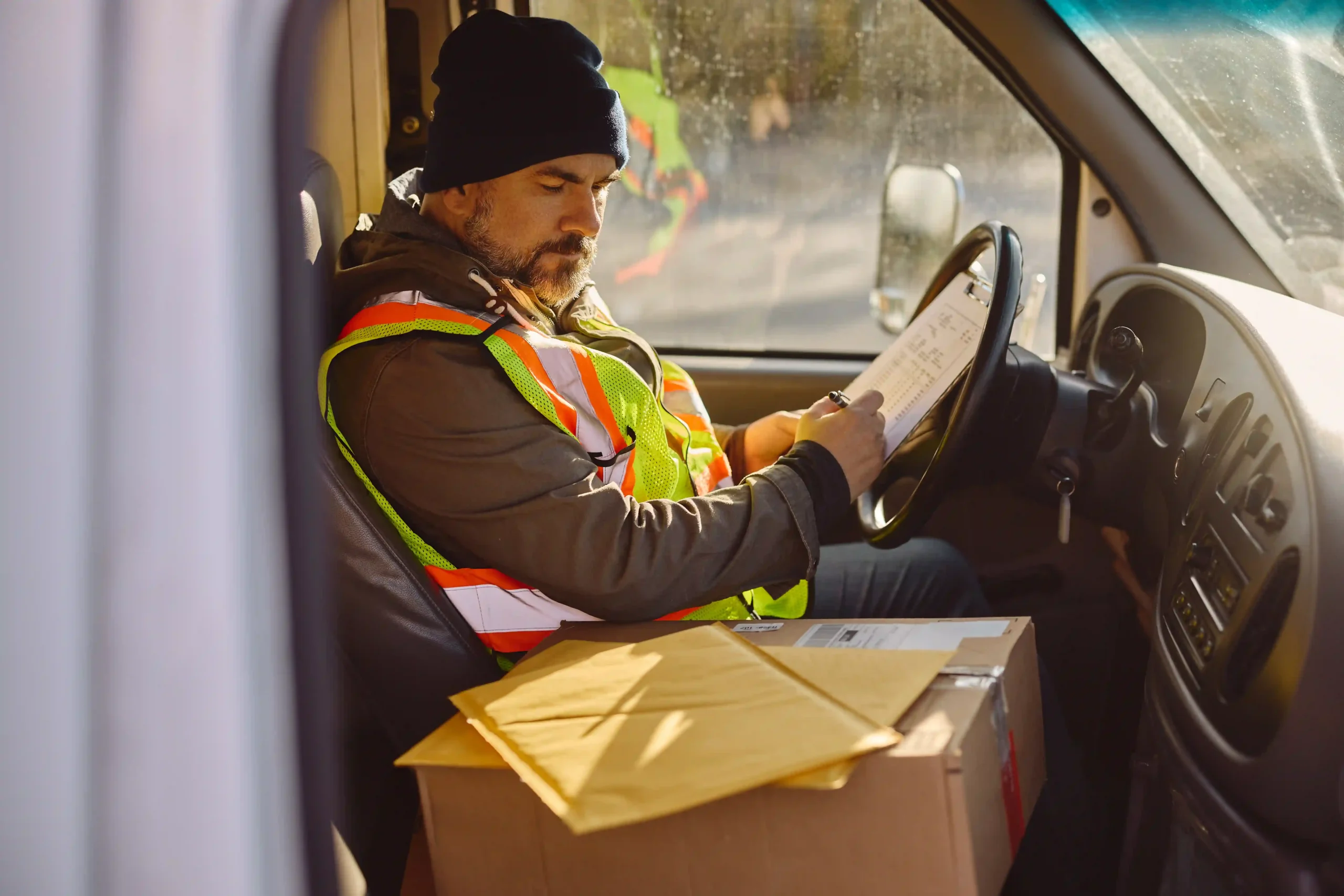 Logistics driver checking shipping documents for a route managed by a top 3PL fulfillment company