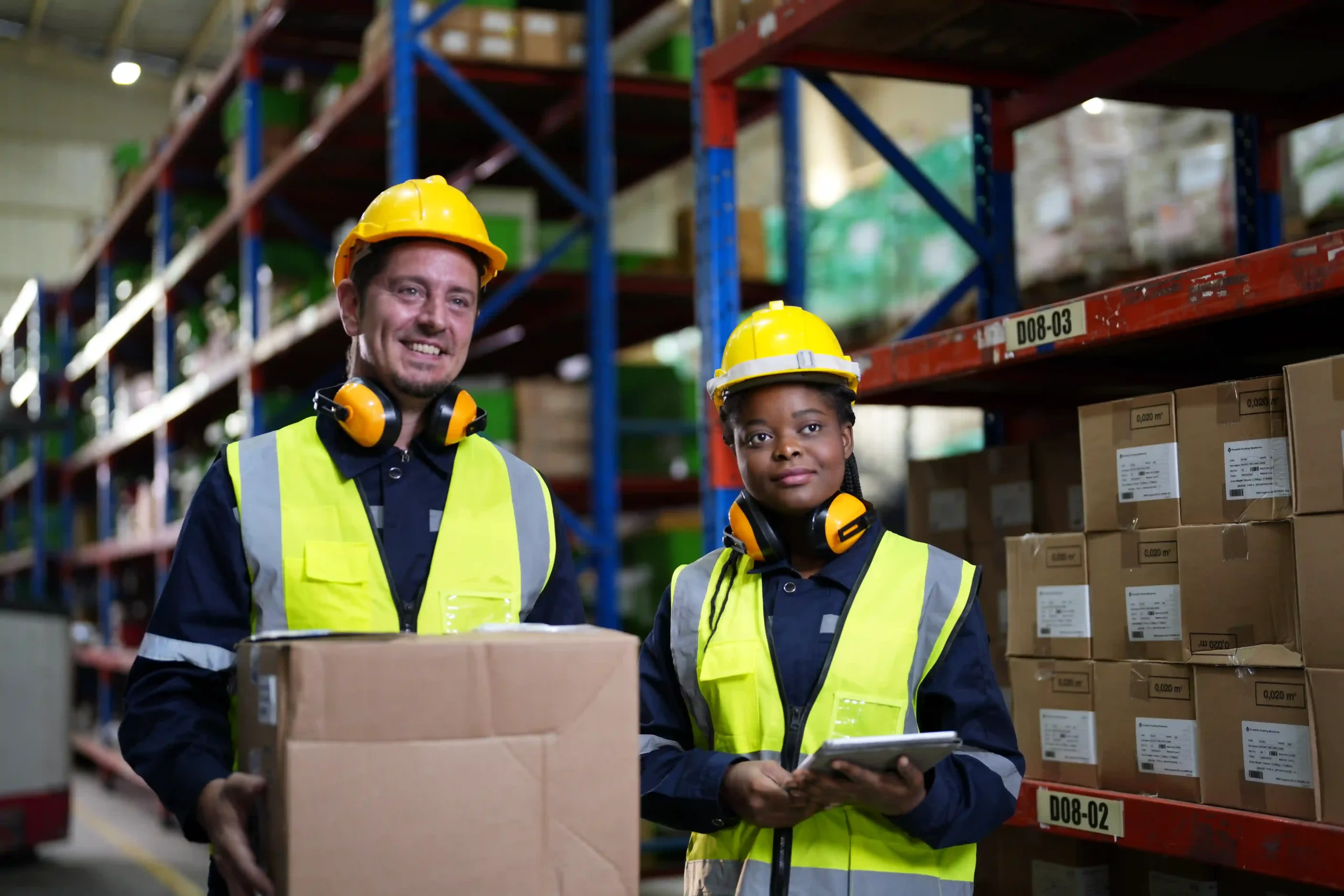 Smiling warehouse employees in safety gear reviewing product data on a tablet, demonstrating warehousing logistics meaning