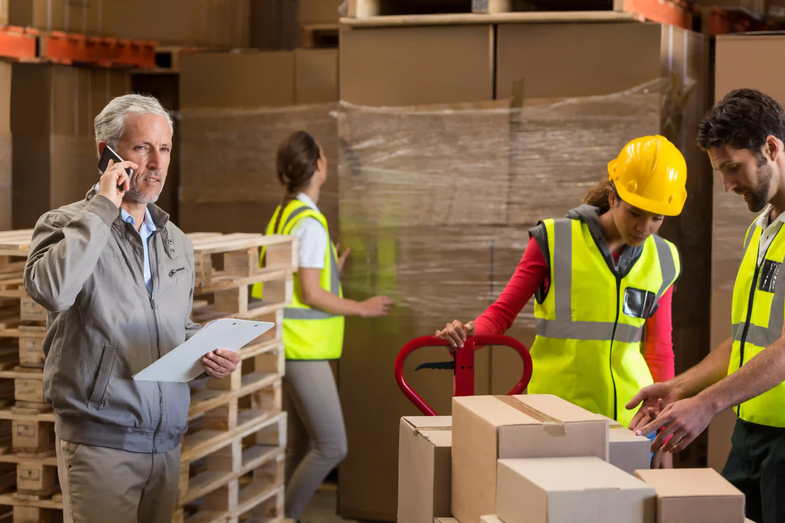 Warehouse manager on the phone overseeing staff organizing boxes, demonstrating practical warehousing for dummies concepts.