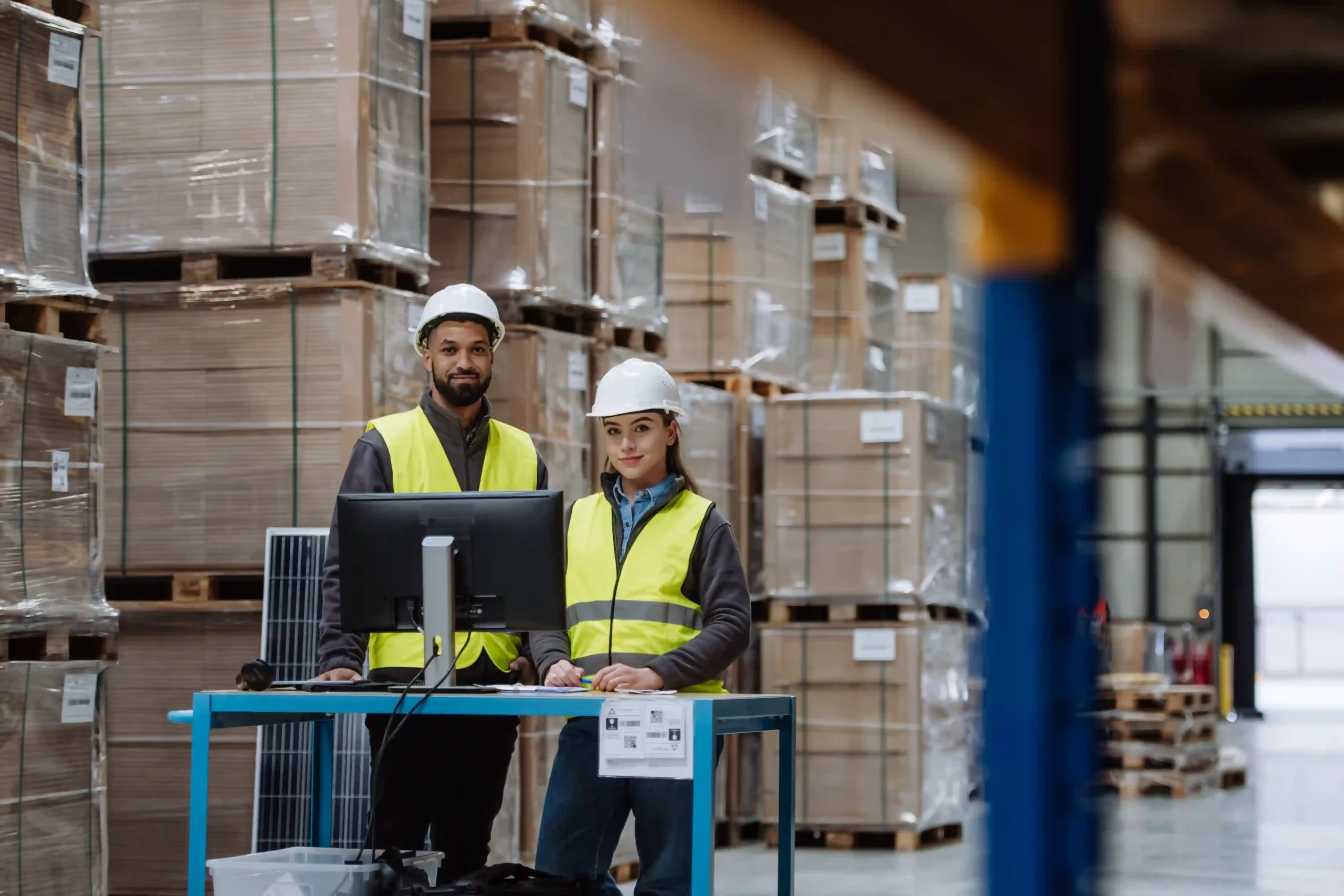 Warehouse managers reviewing logistics data in a cross docking industrial facility with high-stacked pallets.