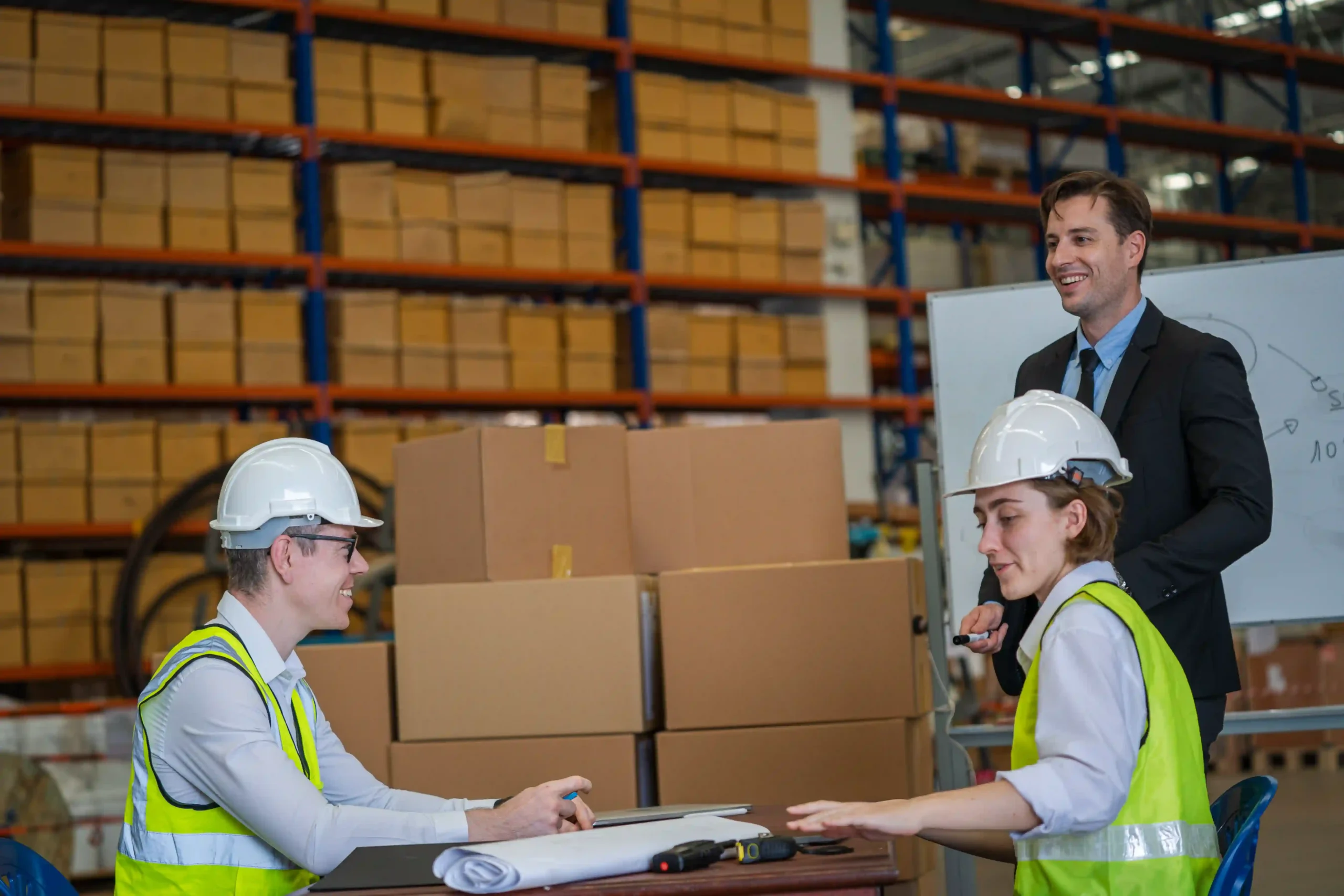 Warehouse team in safety gear planning shipping strategy, showing how cross docking is most closely related to just-in-time delivery execution and workforce alignment.