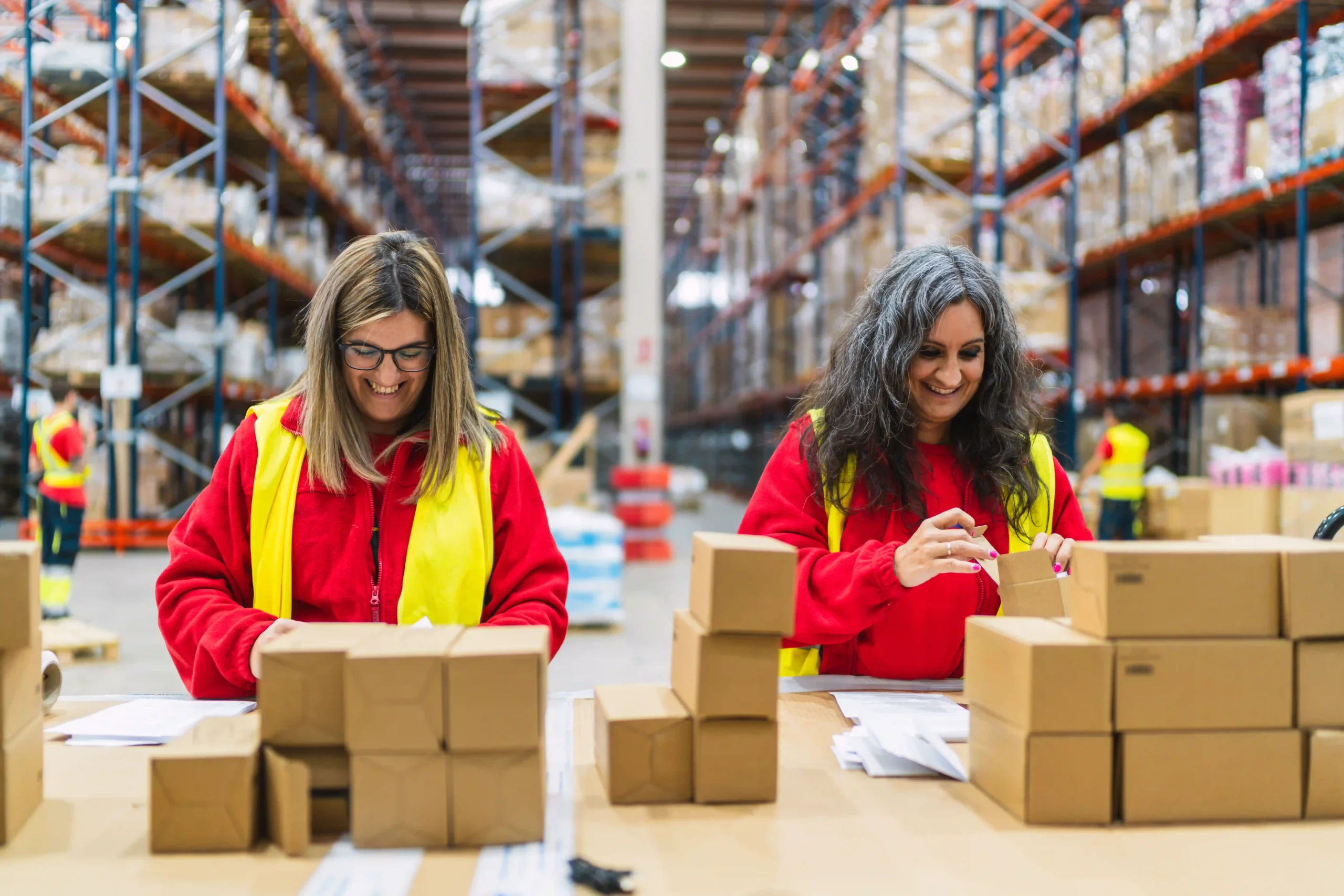 3PL packaging staff assembling and labeling small product shipments in a fulfillment center