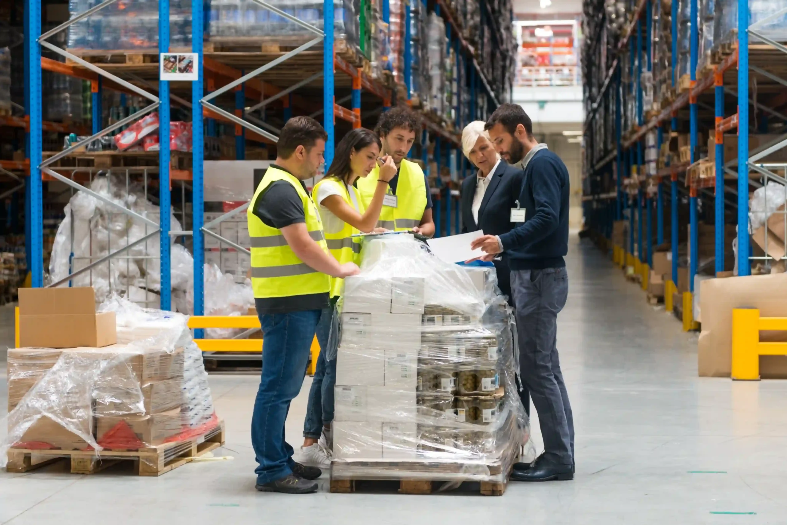 FTZ customs team reviewing shipment documentation inside a modern warehouse facility