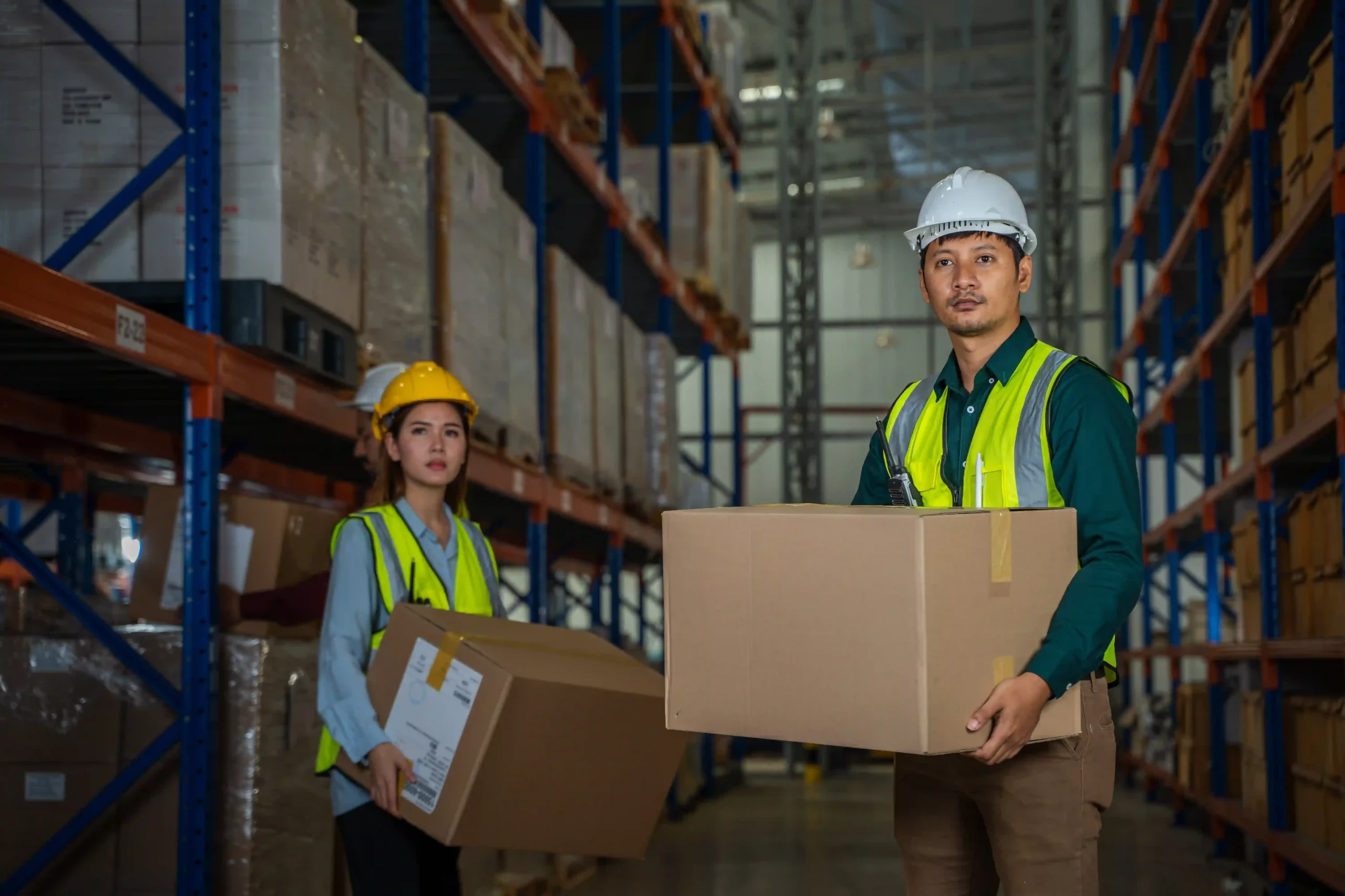 Male and female workers carrying boxes inside a high-rack warehouse, illustrating key processes in warehousing for dummies.