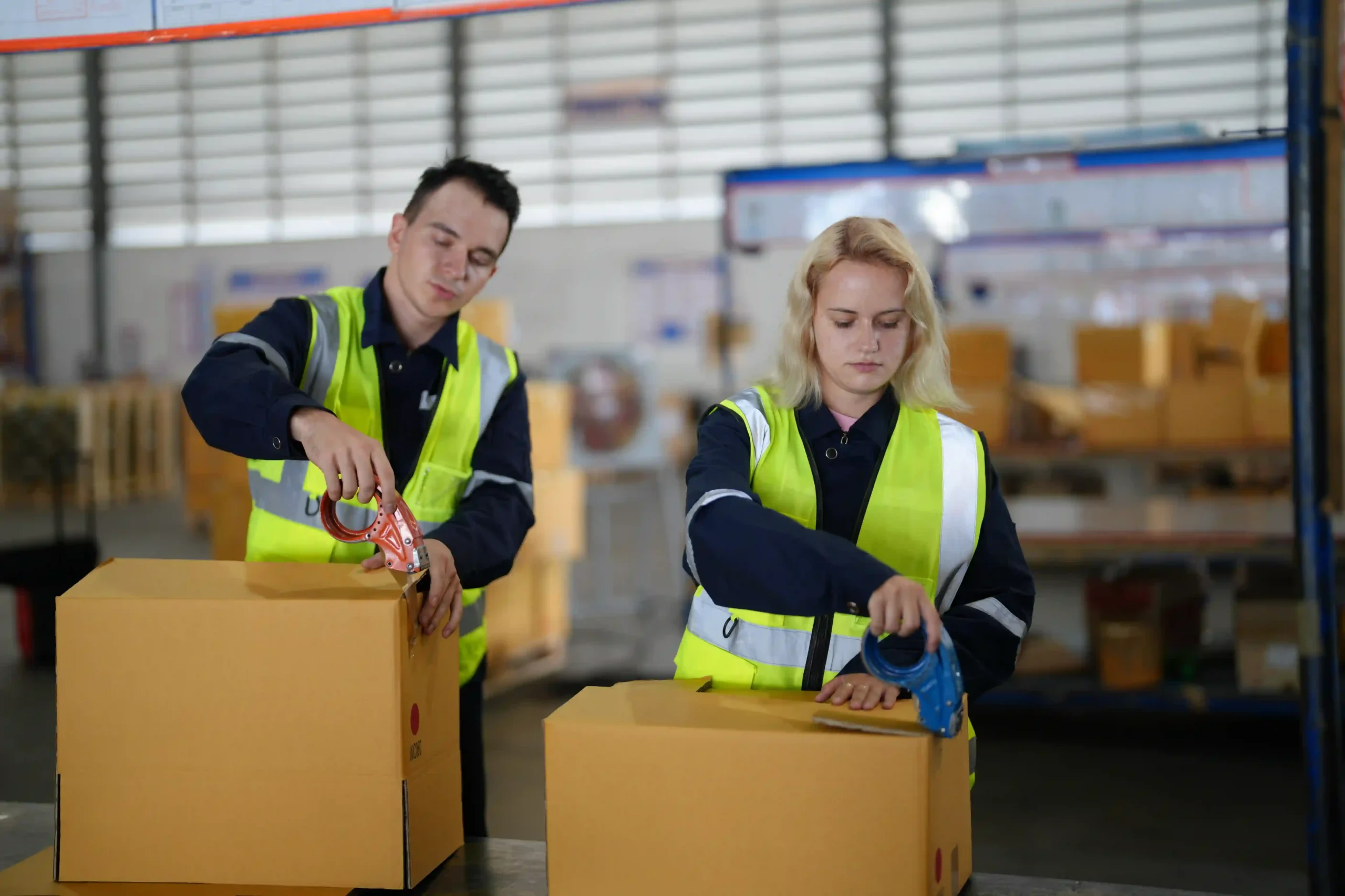 Two workers sealing cartons as part of a pick variety pack assembly line in a distribution center