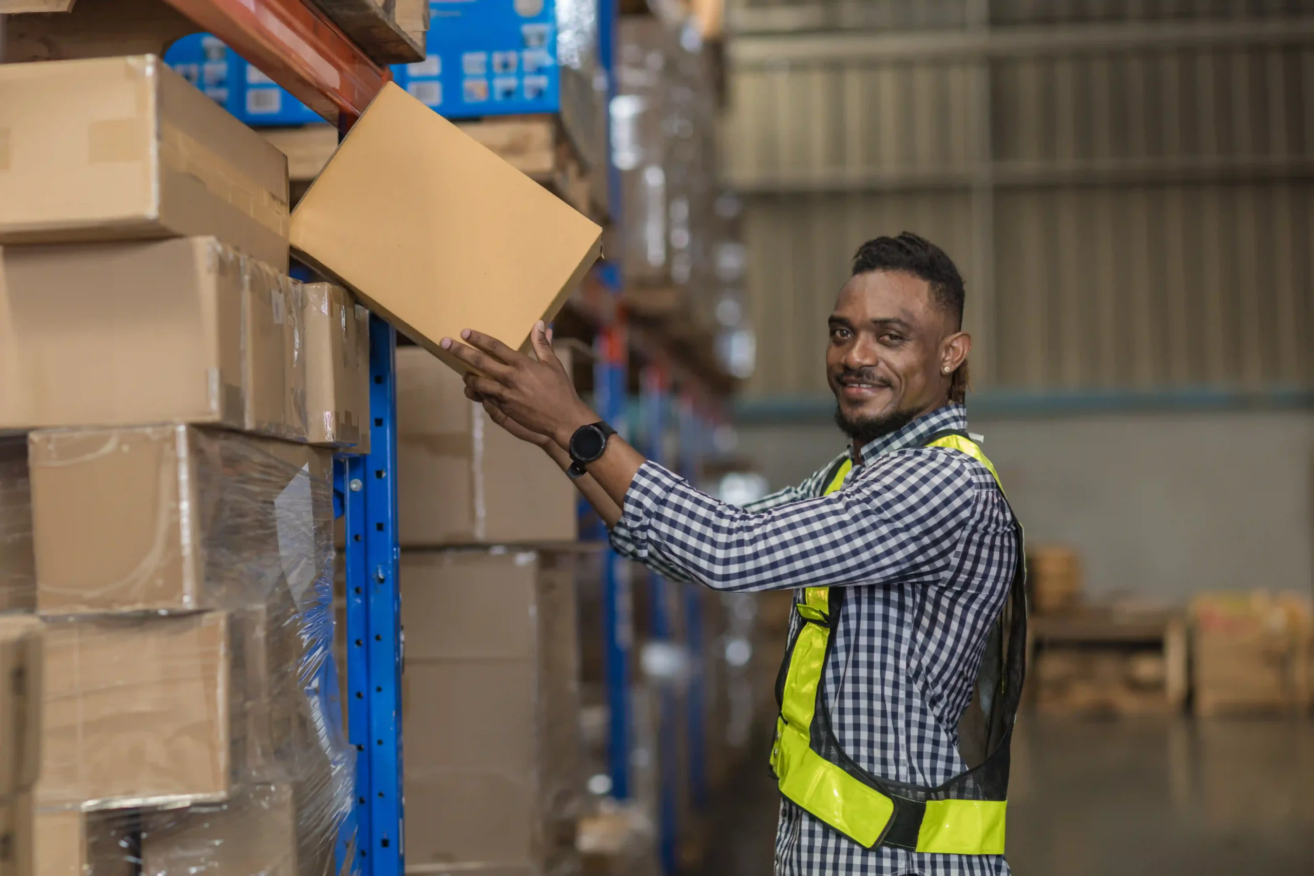 Warehouse logistics consultant organizing boxed goods on upper shelf during an efficiency optimization project.