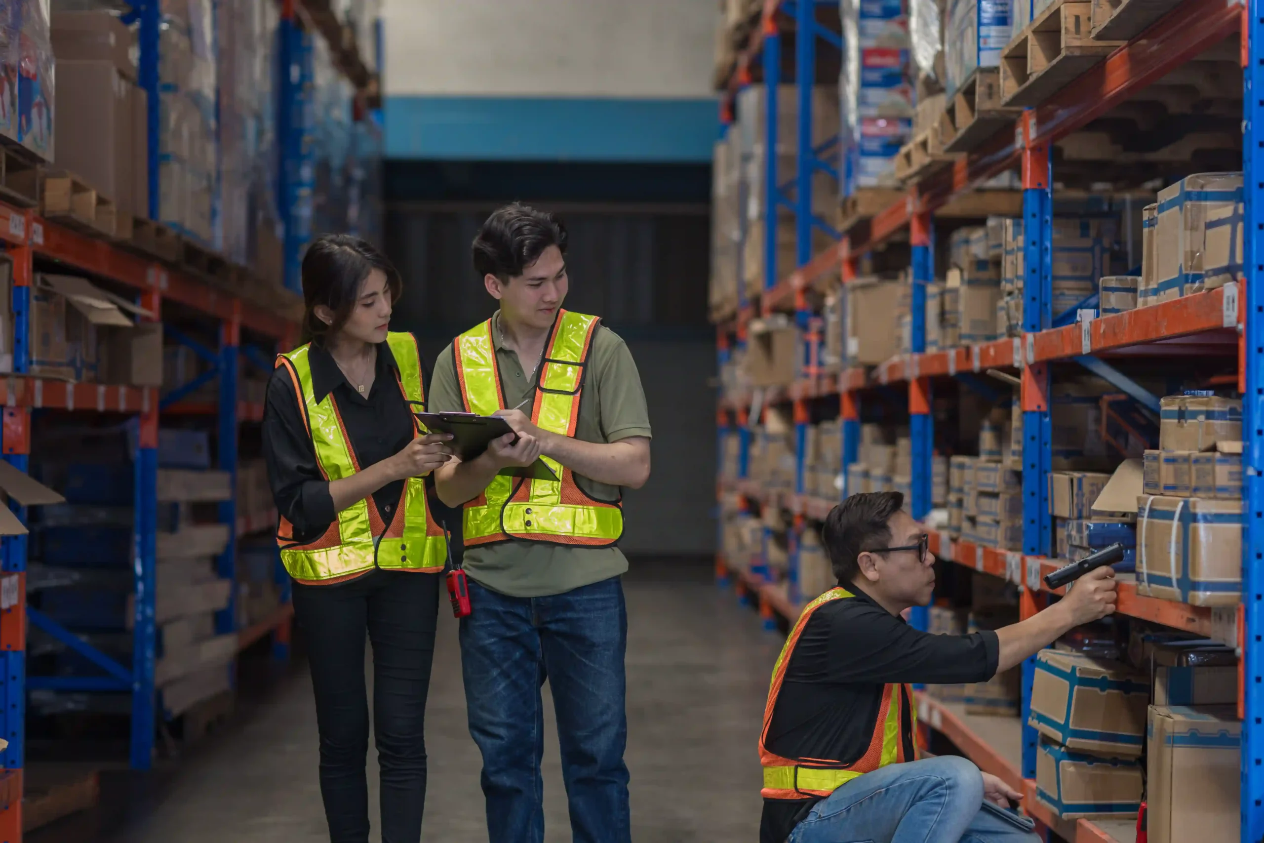 Logistics employee scanning inventory on warehouse shelves — distribution logistics meaning in daily practice