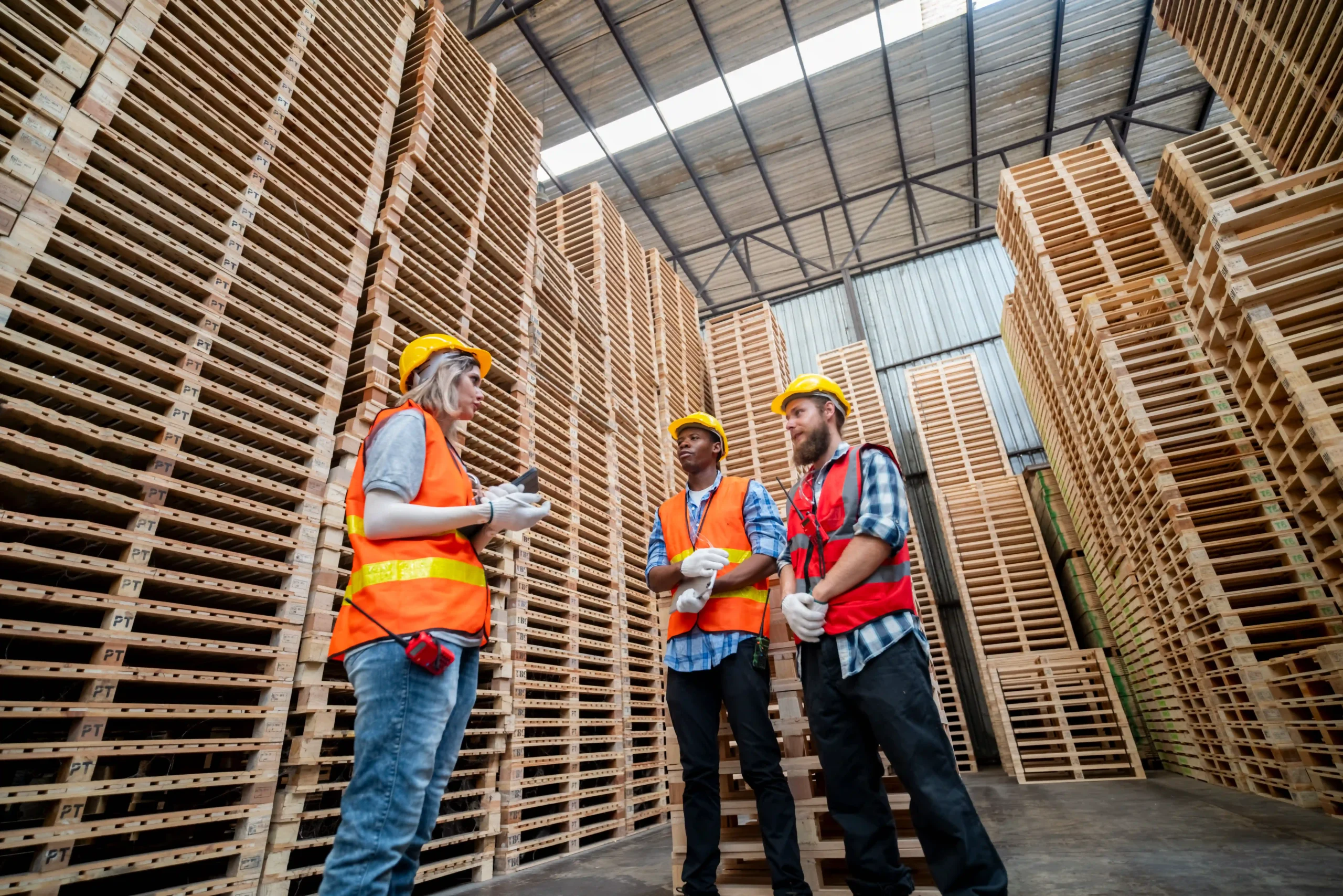 Team of warehouse workers coordinating logistics at a pallet flipping warehouse.