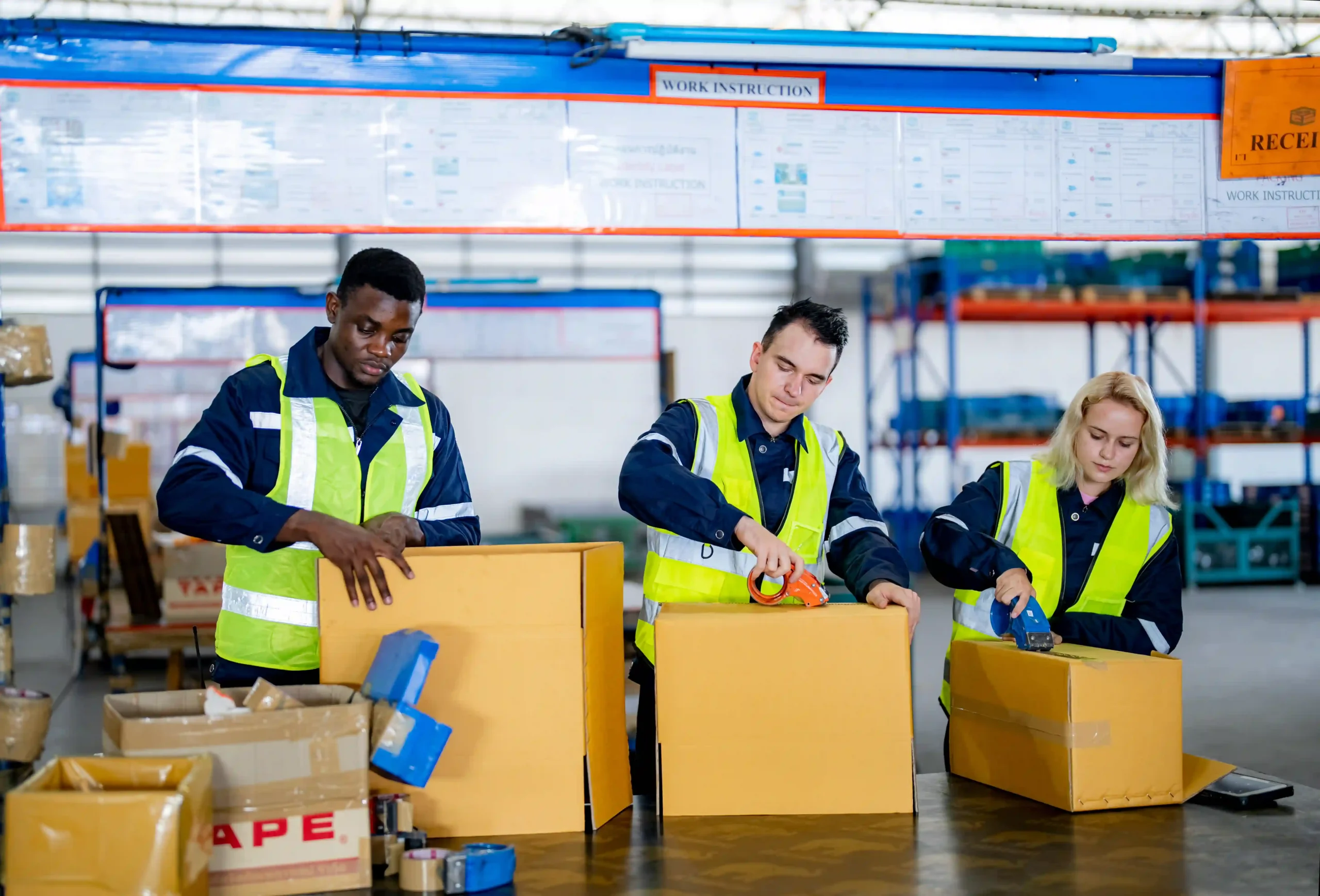 Team taping boxes as part of streamlined order fulfillment and distribution workflow