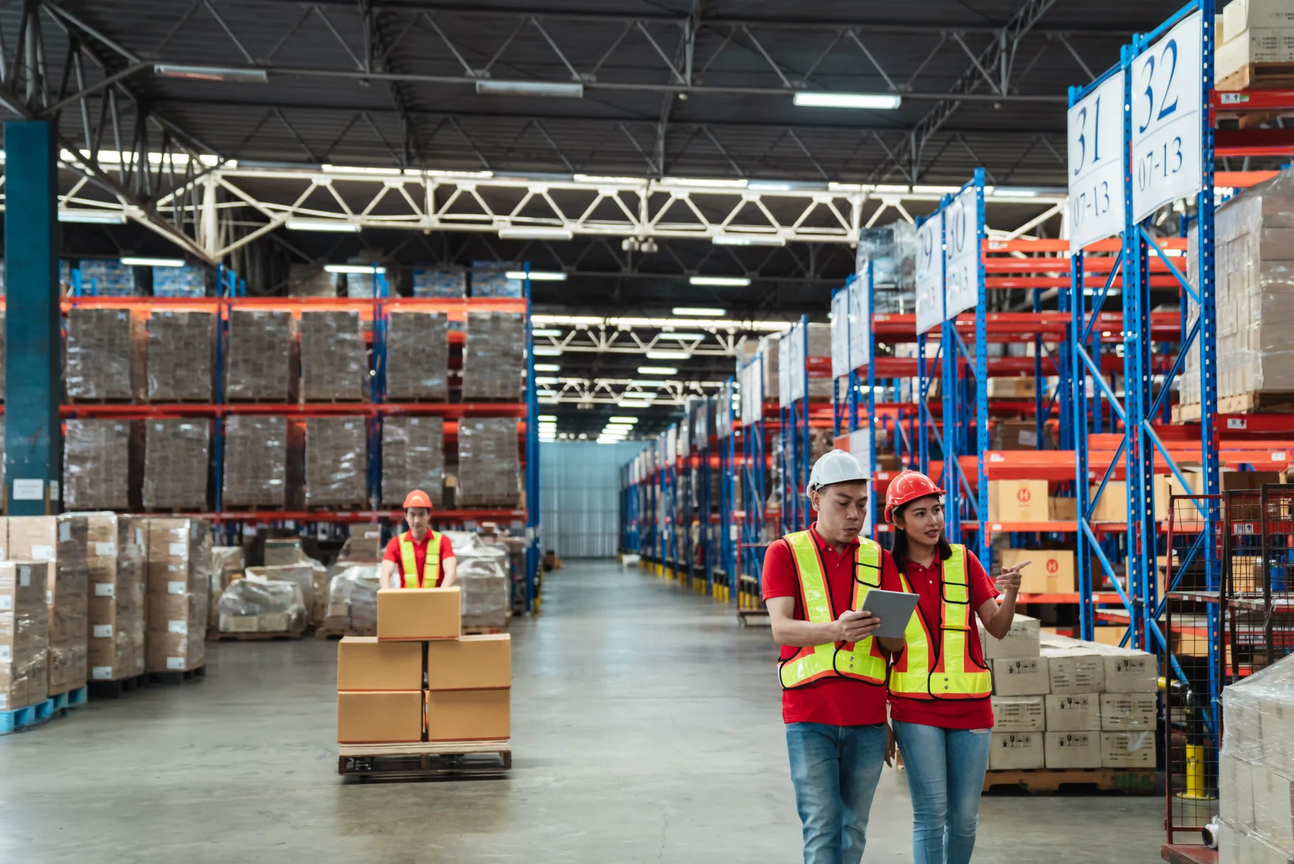 Warehouse workers coordinating stock movement and data checks to demonstrate core functions of a distribution warehouse meaning.