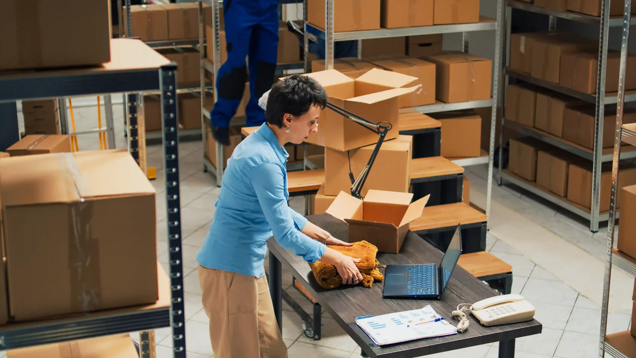 Employee retrieving boxes from storage shelves as part of order processing in warehouse fulfillment workflow.