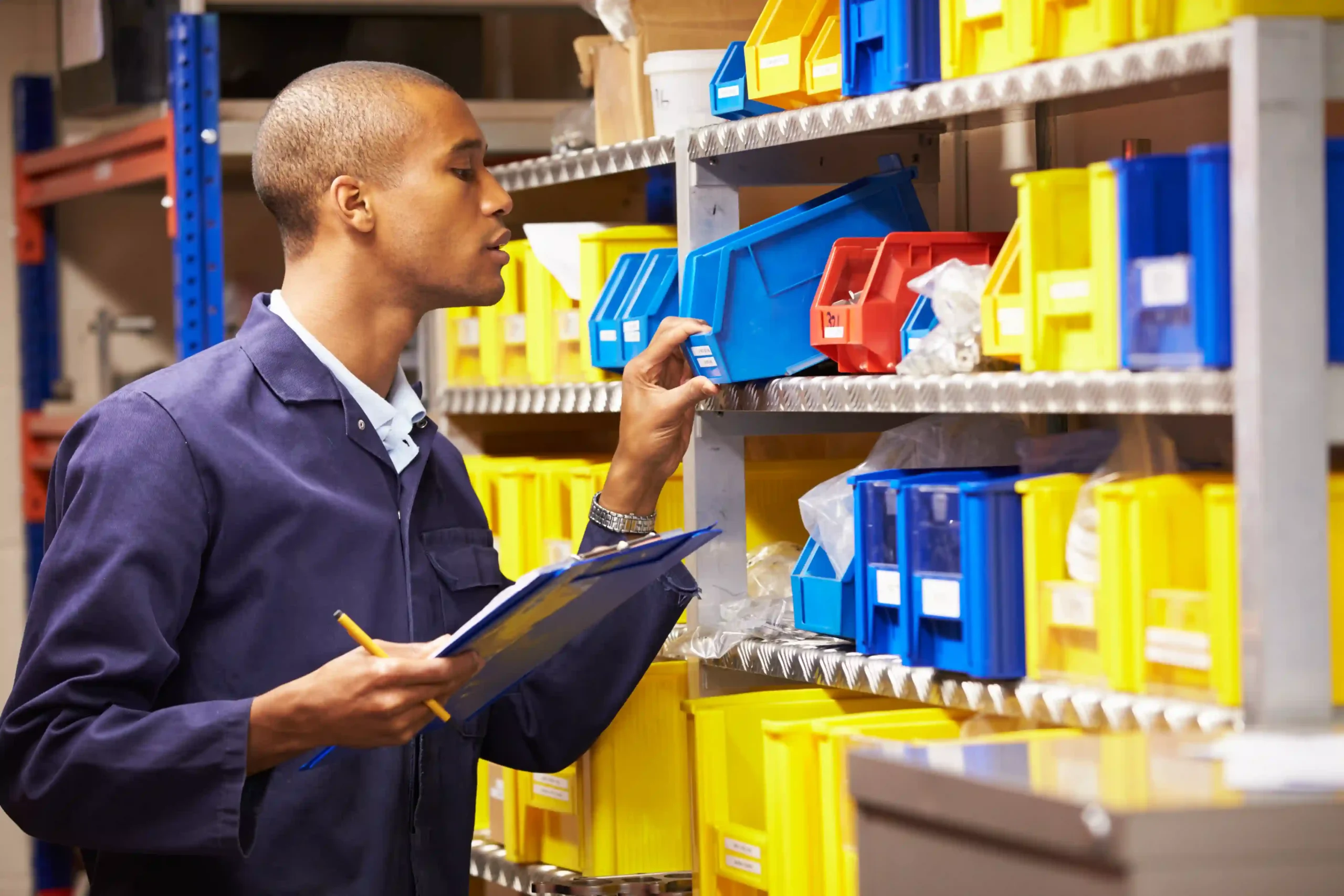 Inventory management system overview in use with bin organization and part labeling