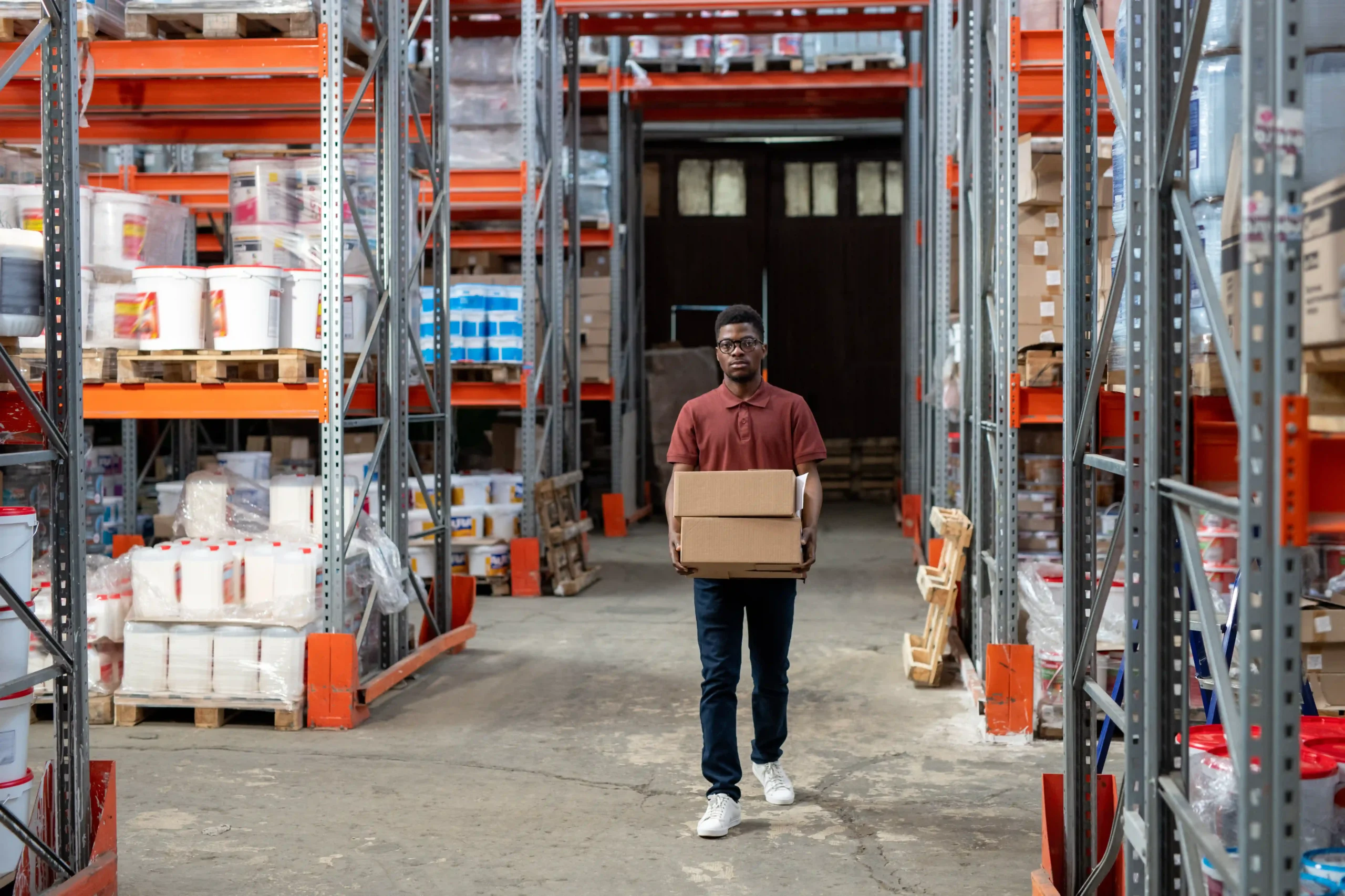 Warehouse worker carrying boxes in a racked aisle, illustrating practical use of types of storage system in warehouse logistics.