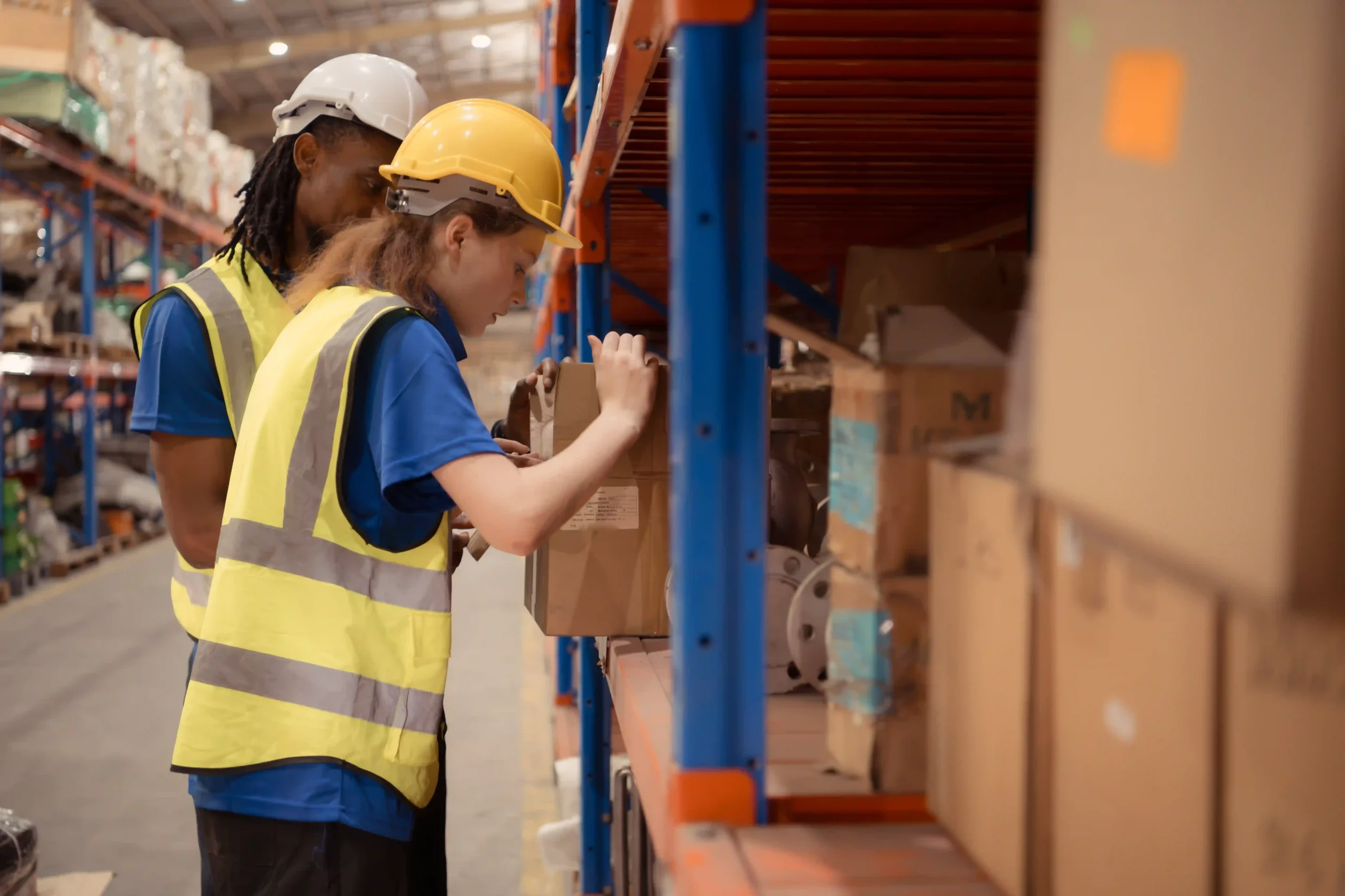 Warehouse team picking products from shelves and inspecting boxes, clearly showing the pick pack meaning as part of the order preparation process.