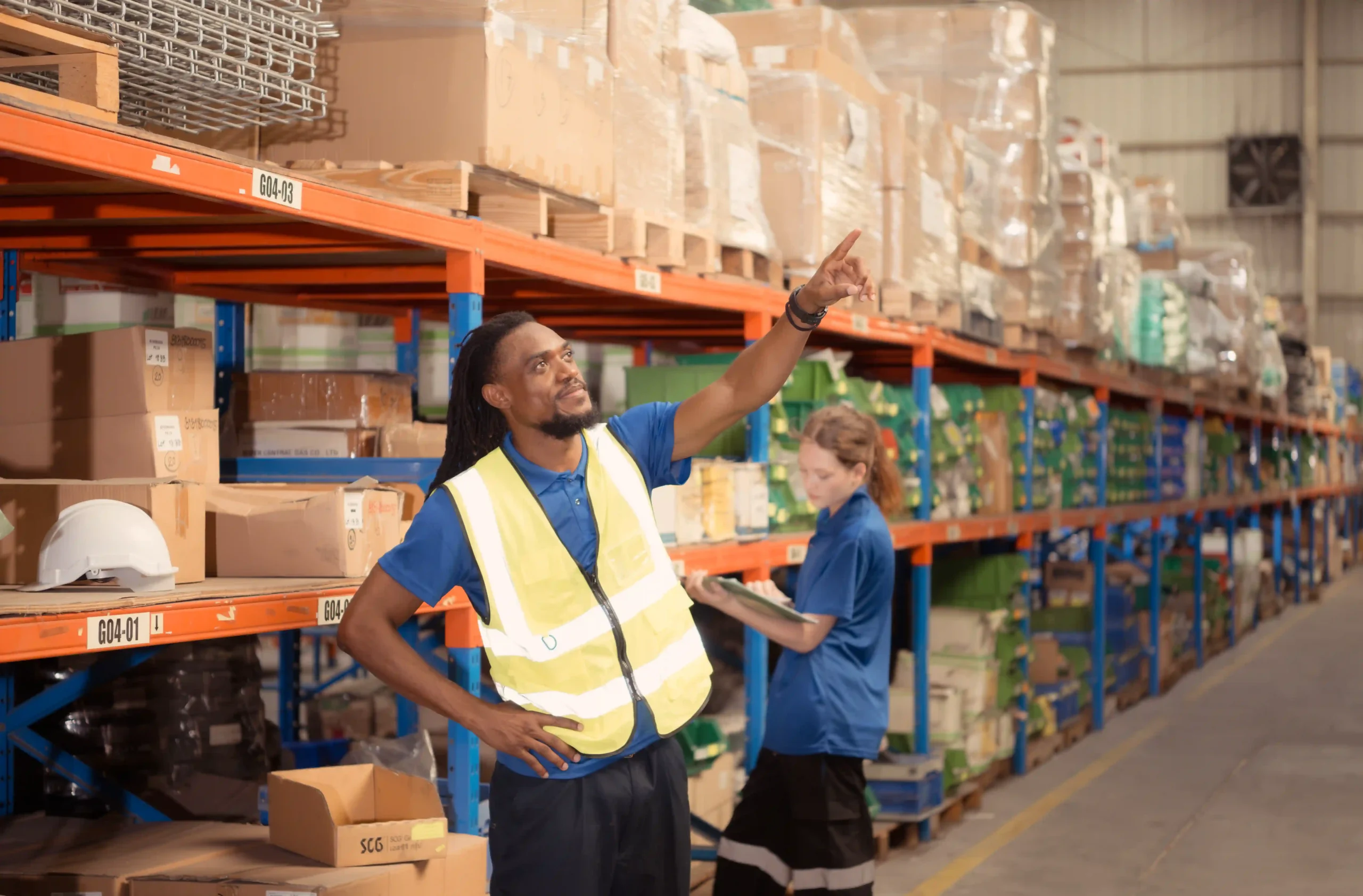 Warehouse workers implementing logistics optimization with synchronized coordination.