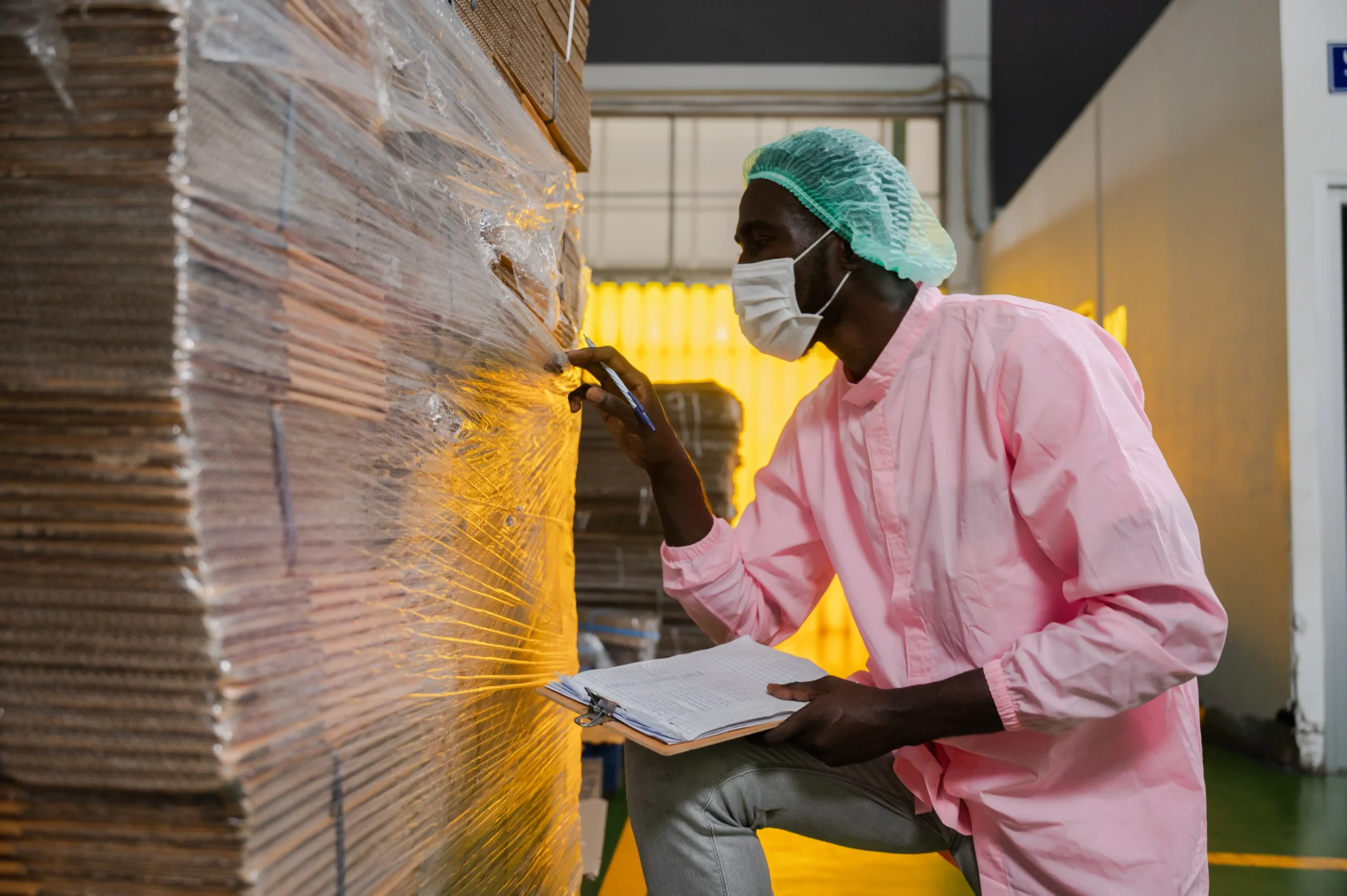 Warehouse worker inspecting wrapped goods with a checklist in a well-lit storage facility.