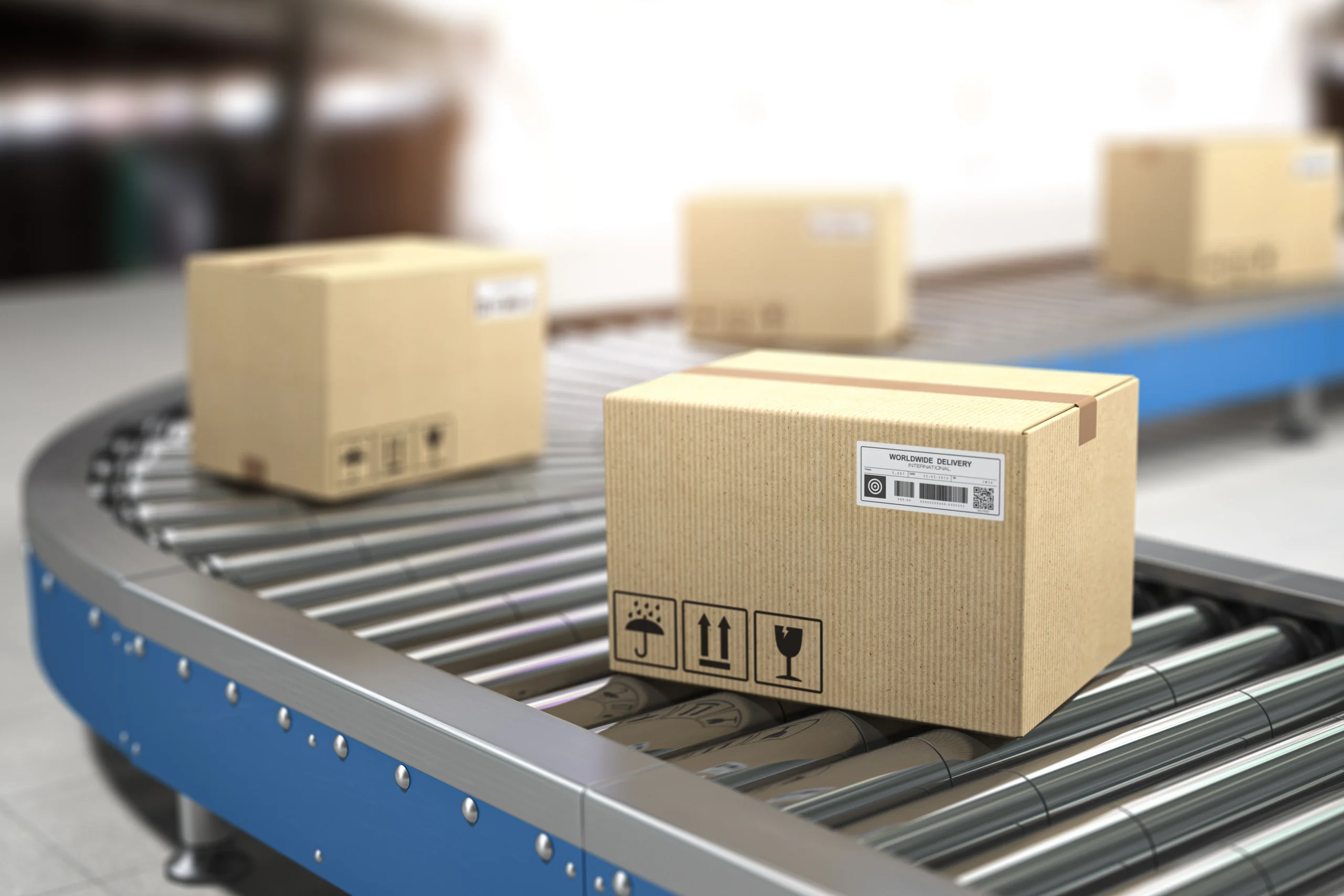 Cardboard boxes moving on a conveyor belt in a warehouse for global shipping and delivery.