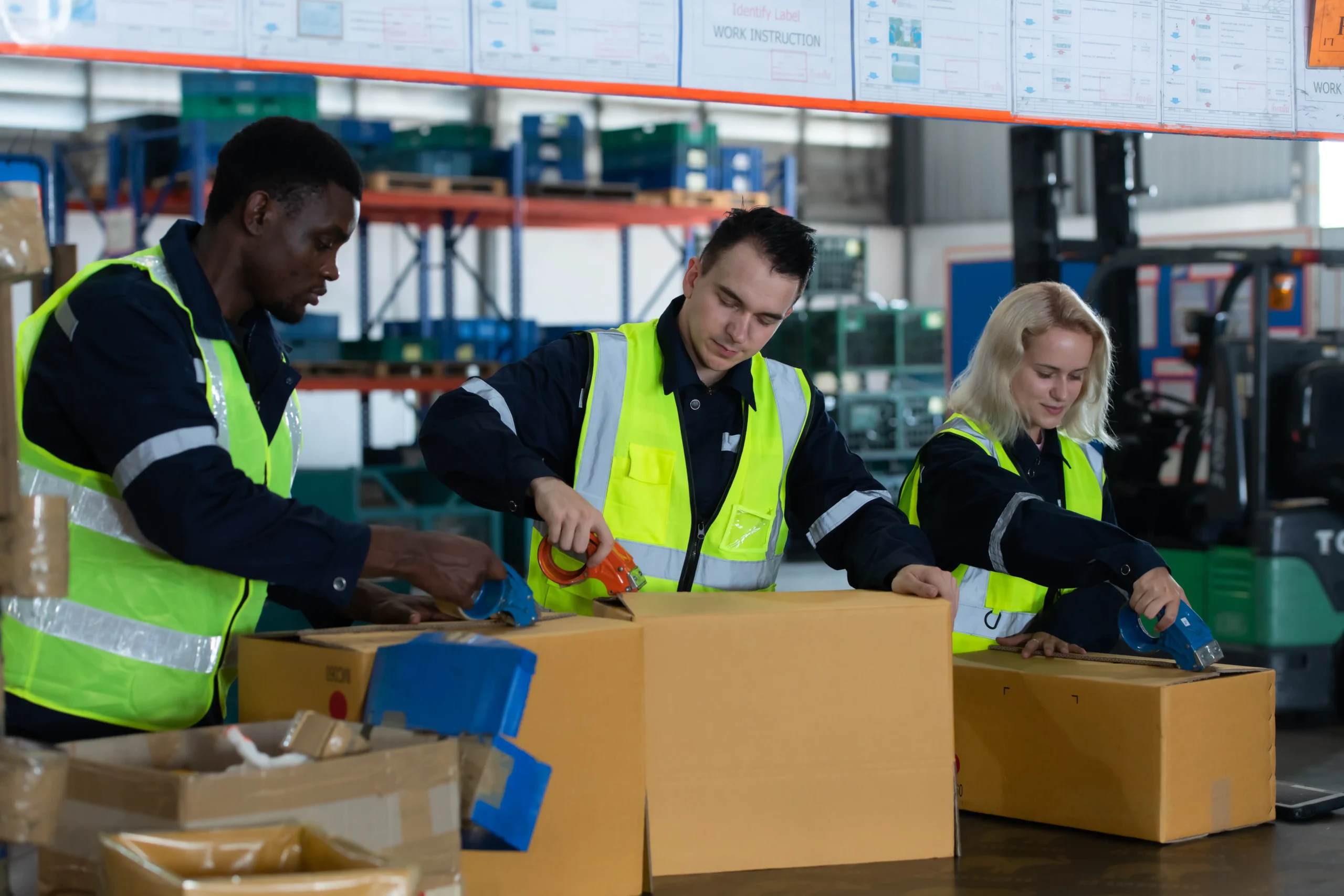 Warehouse workers packing boxes efficiently in an auto-parts facility.