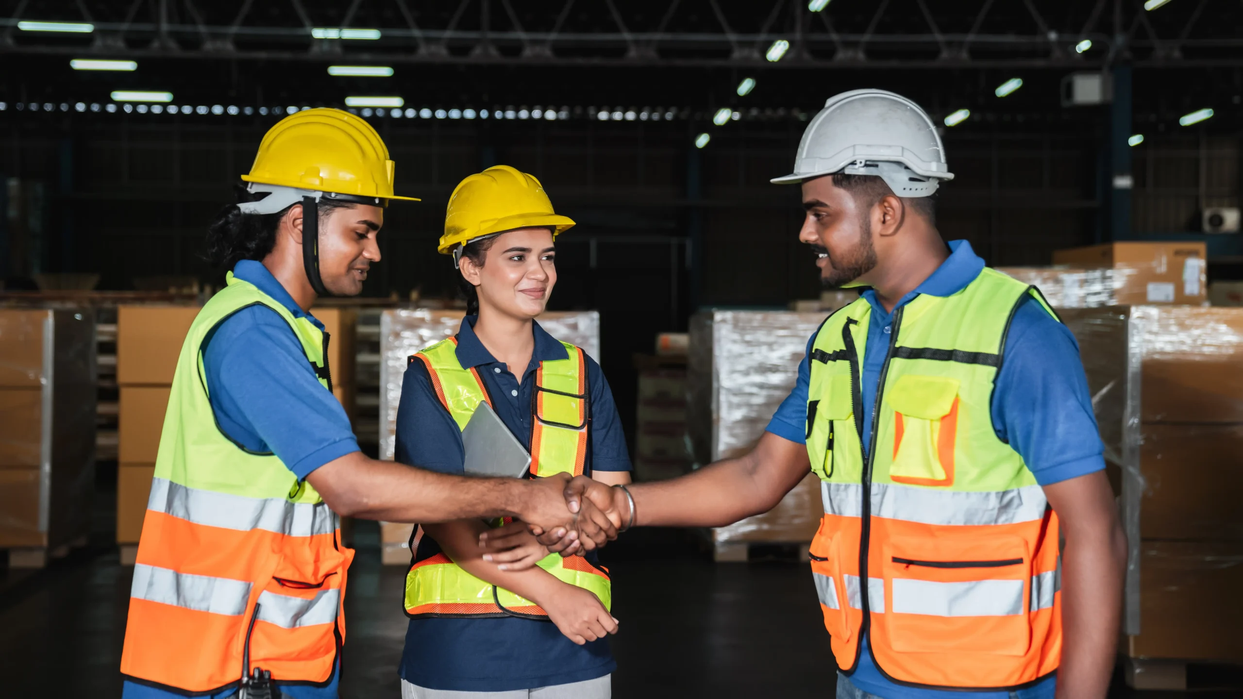 Warehouse workers shaking hands in a distribution center, showcasing teamwork and efficiency in distribution services.