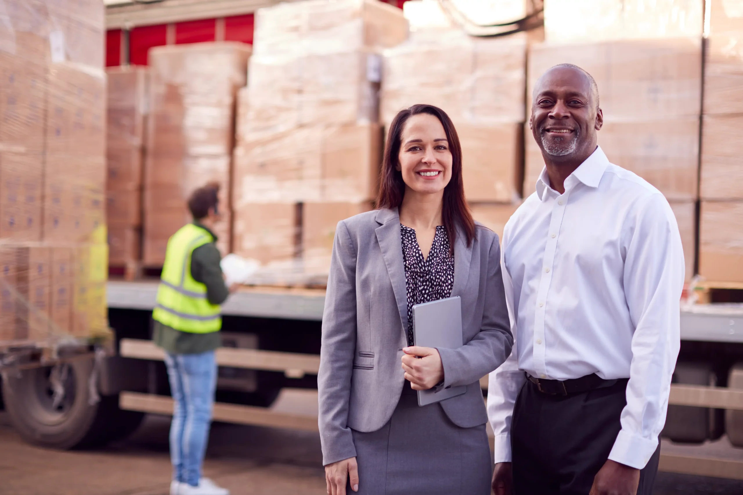 Diverse logistics team managing freight operations, standing confidently in front of a shipment truck.