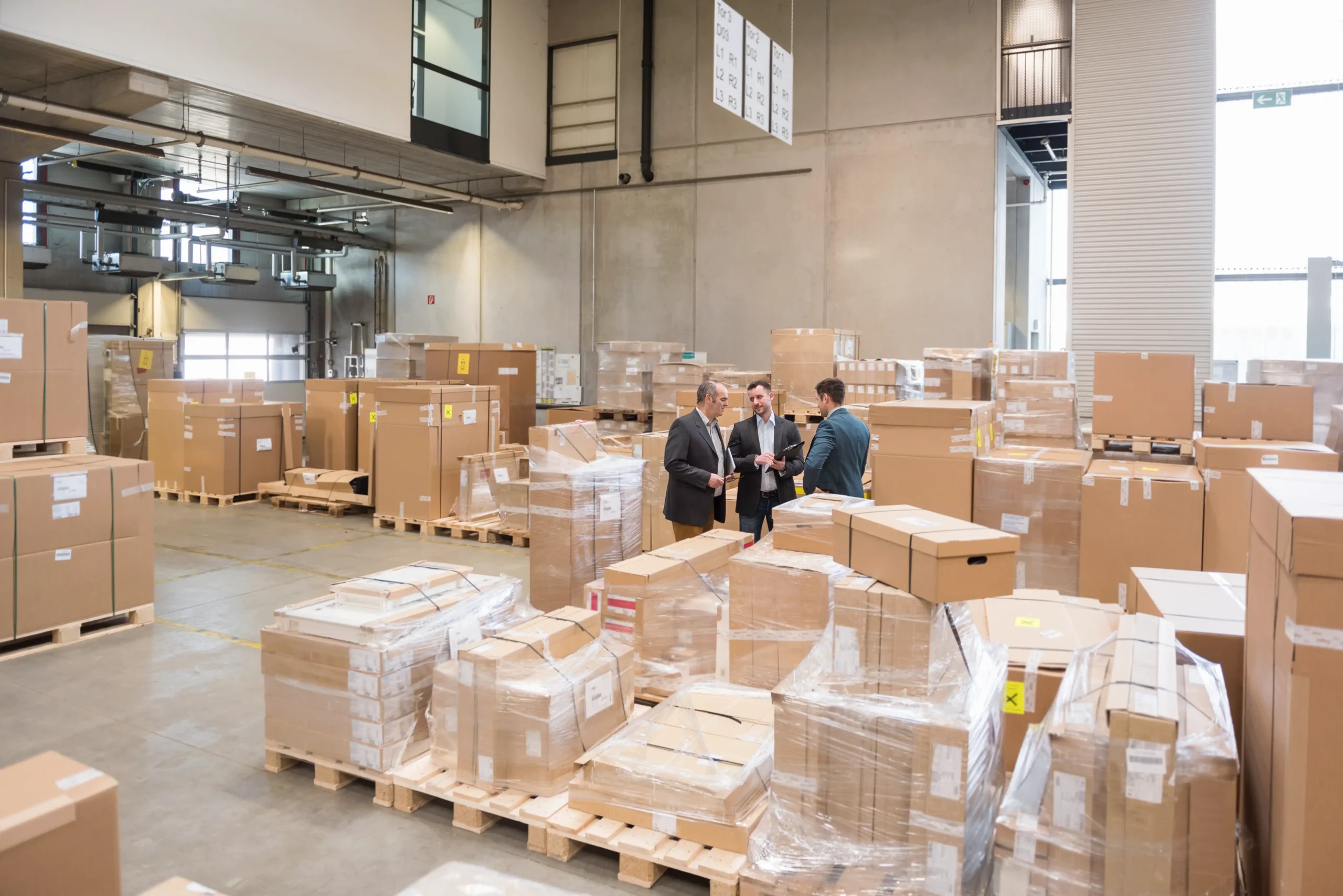 Warehouse logistics managers discussing supply chain solutions surrounded by stacked cardboard boxes and pallets.