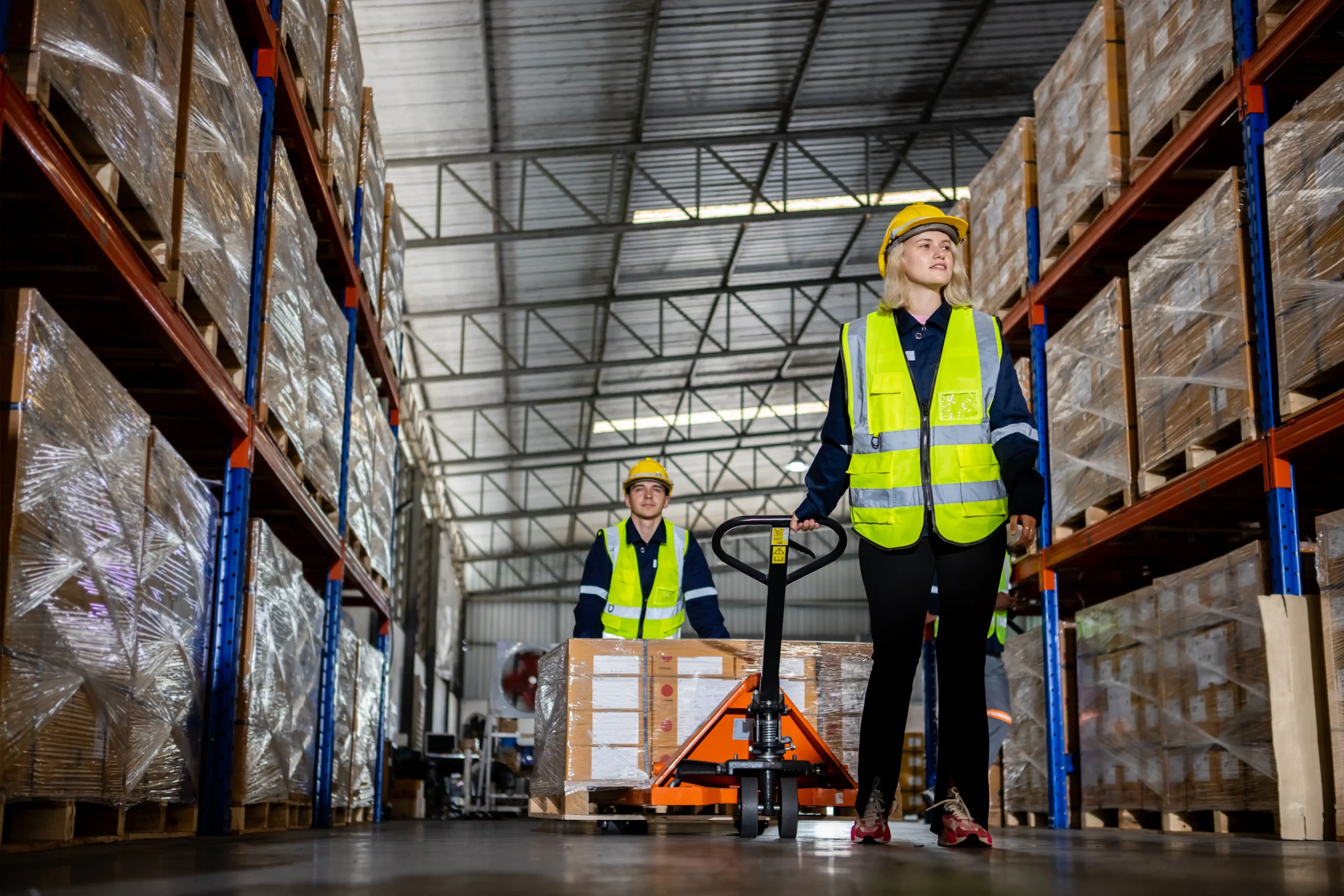 Warehouse workers managing pallets in a large industrial stock storage area.