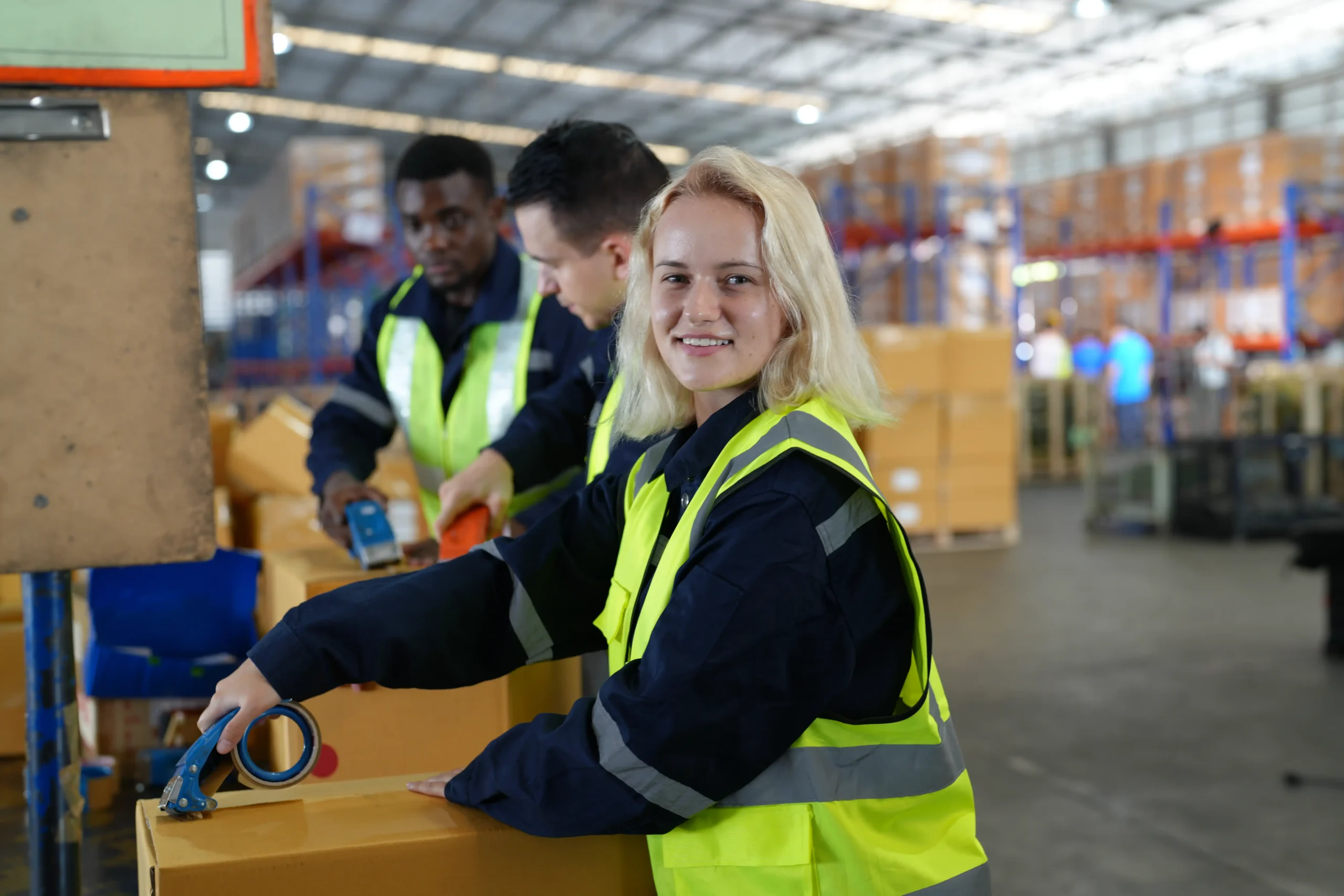 Warehouse employees preparing packages in a modern distribution center, showcasing efficient packaging and delivery services.