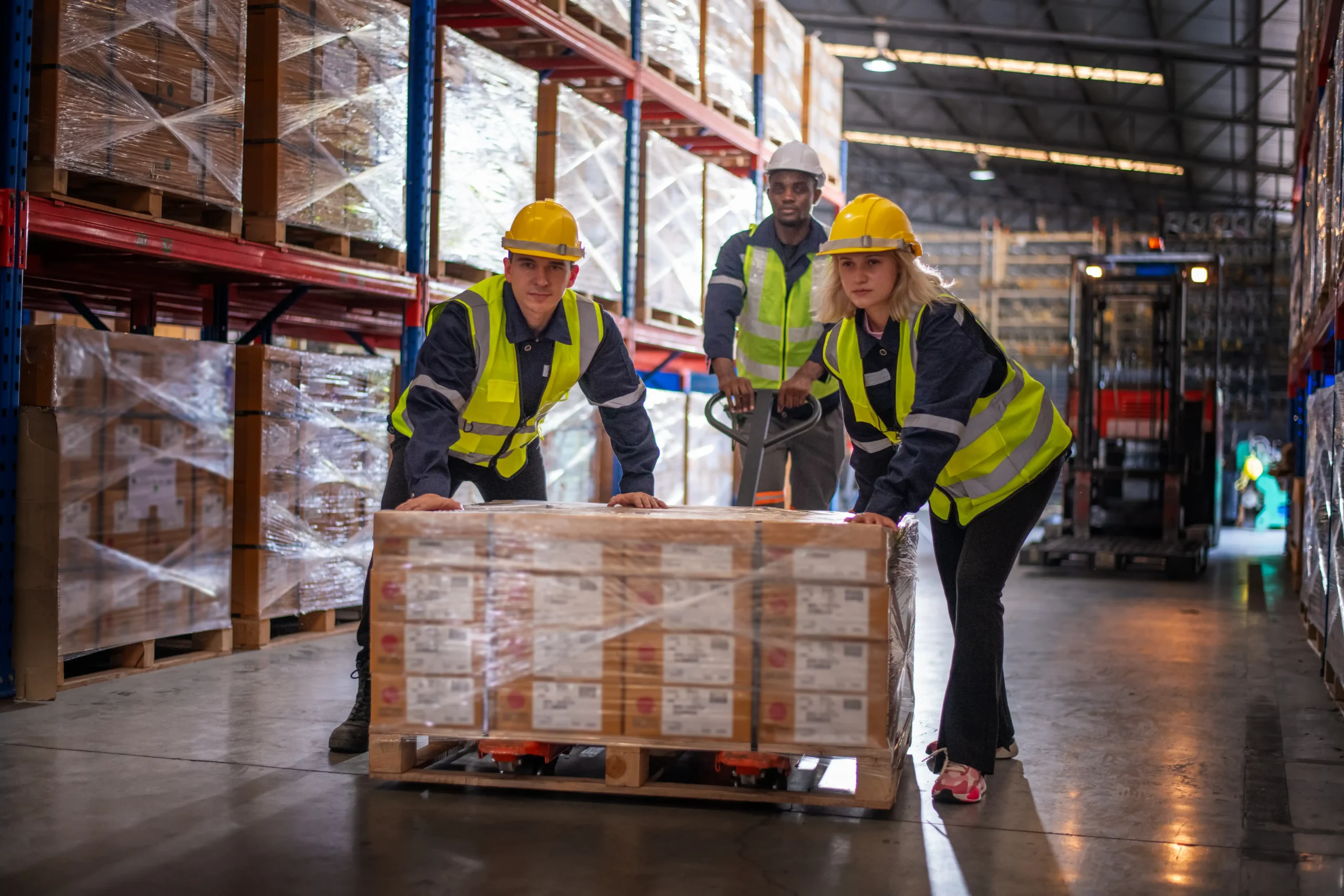 Warehouse workers in safety gear moving a pallet of goods in an organized storage facility.