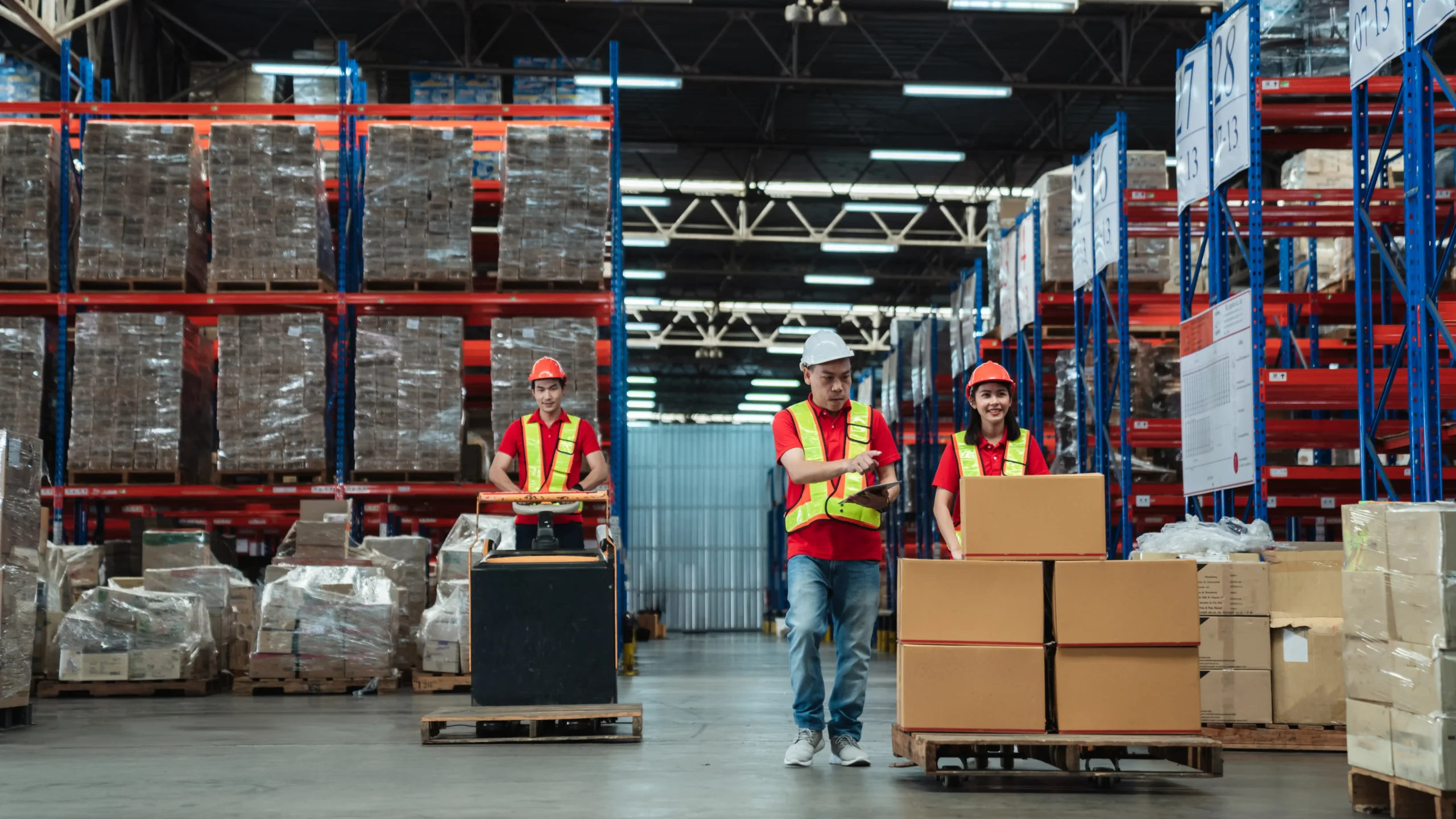 Team of warehouse workers organizing and transporting goods in a well-lit storage facility.