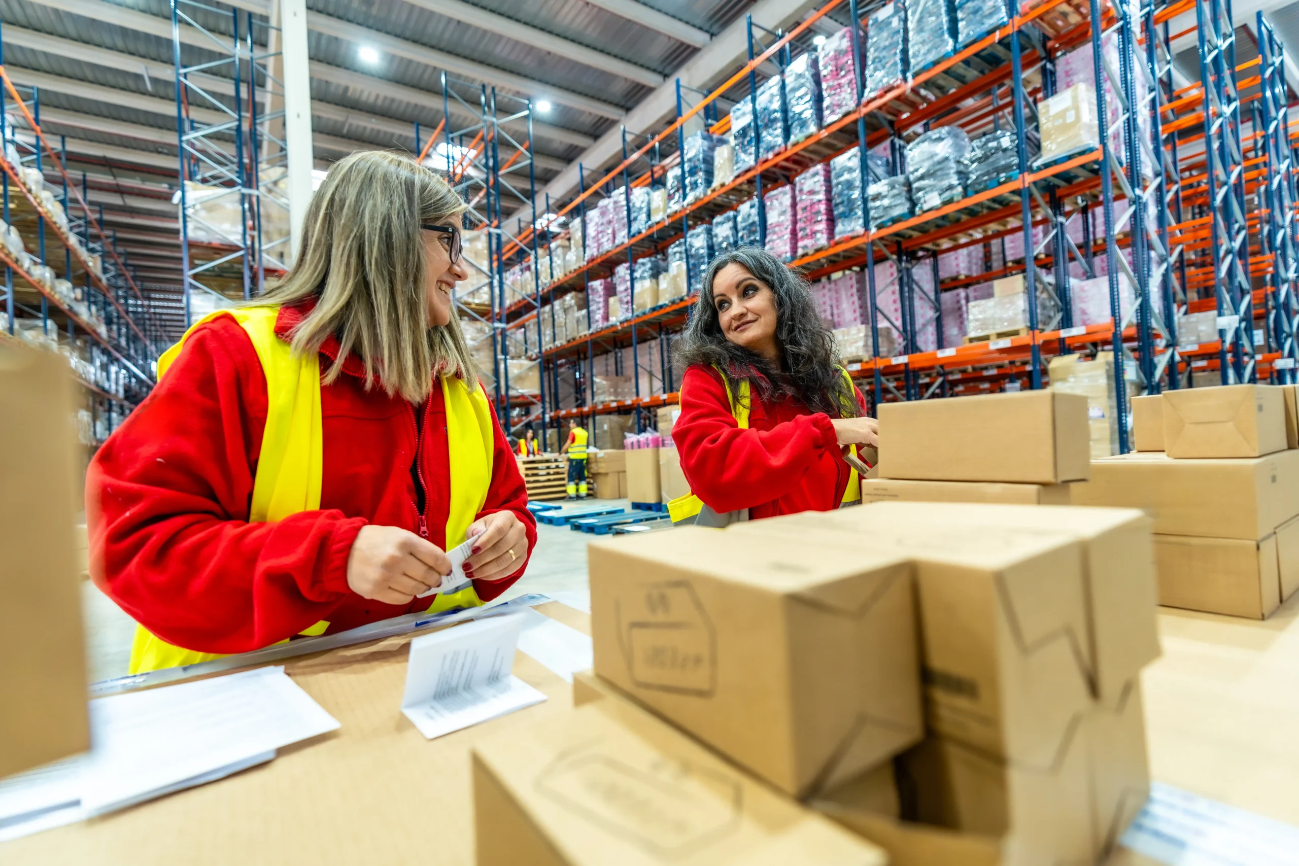 Two women in safety vests organizing packages in a large distribution warehouse.