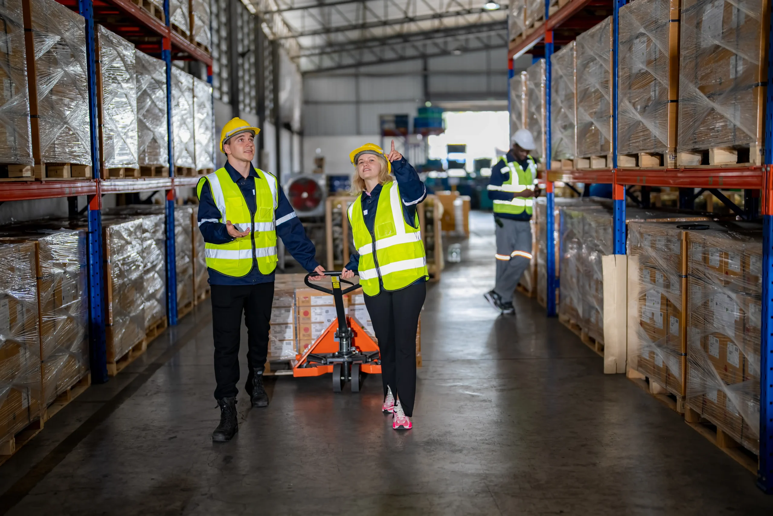 Warehouse employee moving boxes with a hand pallet truck while discussing logistics with a colleague.