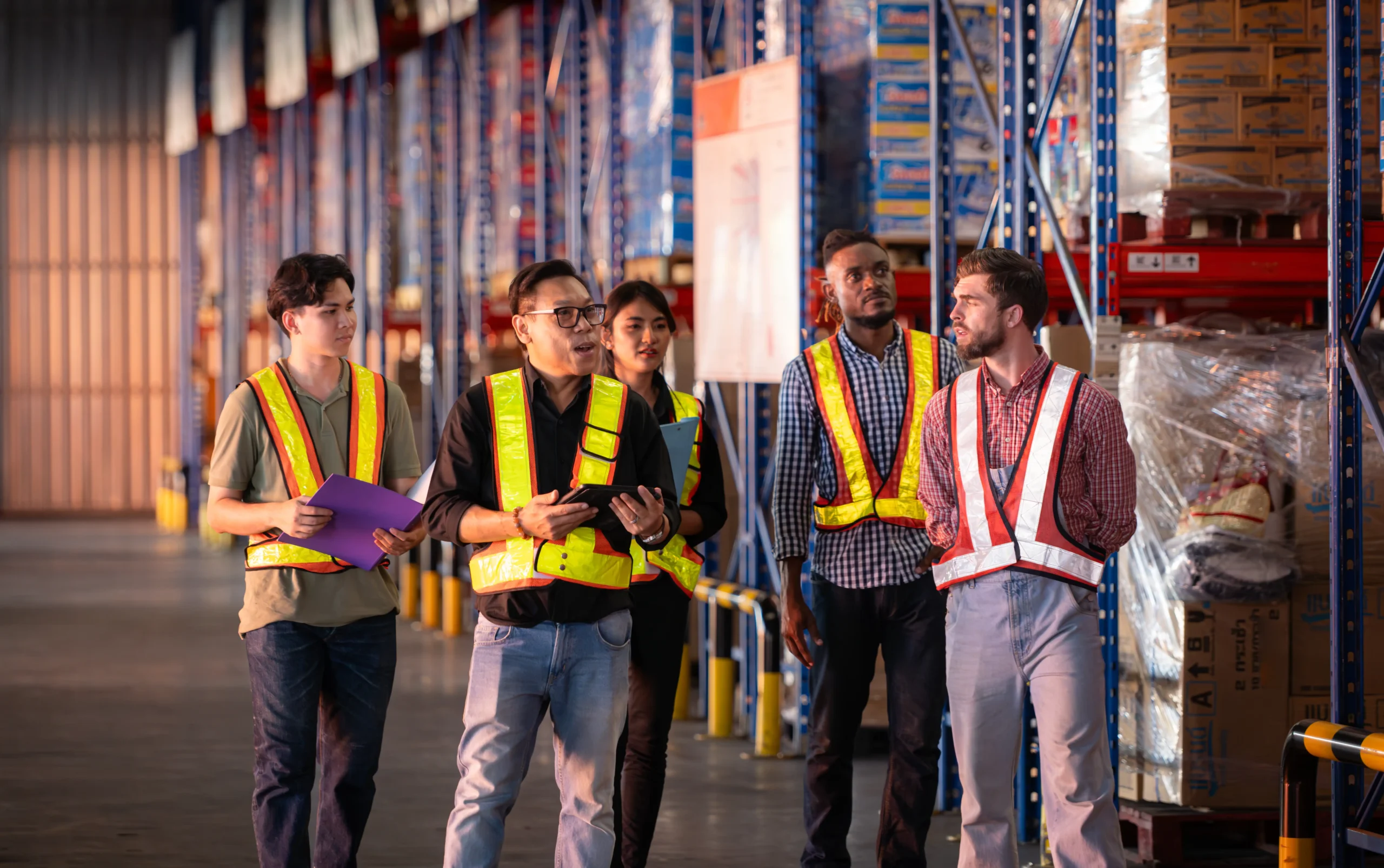 A team of warehouse employees inspecting products in a free trade zone, ensuring efficient inventory management and compliance.