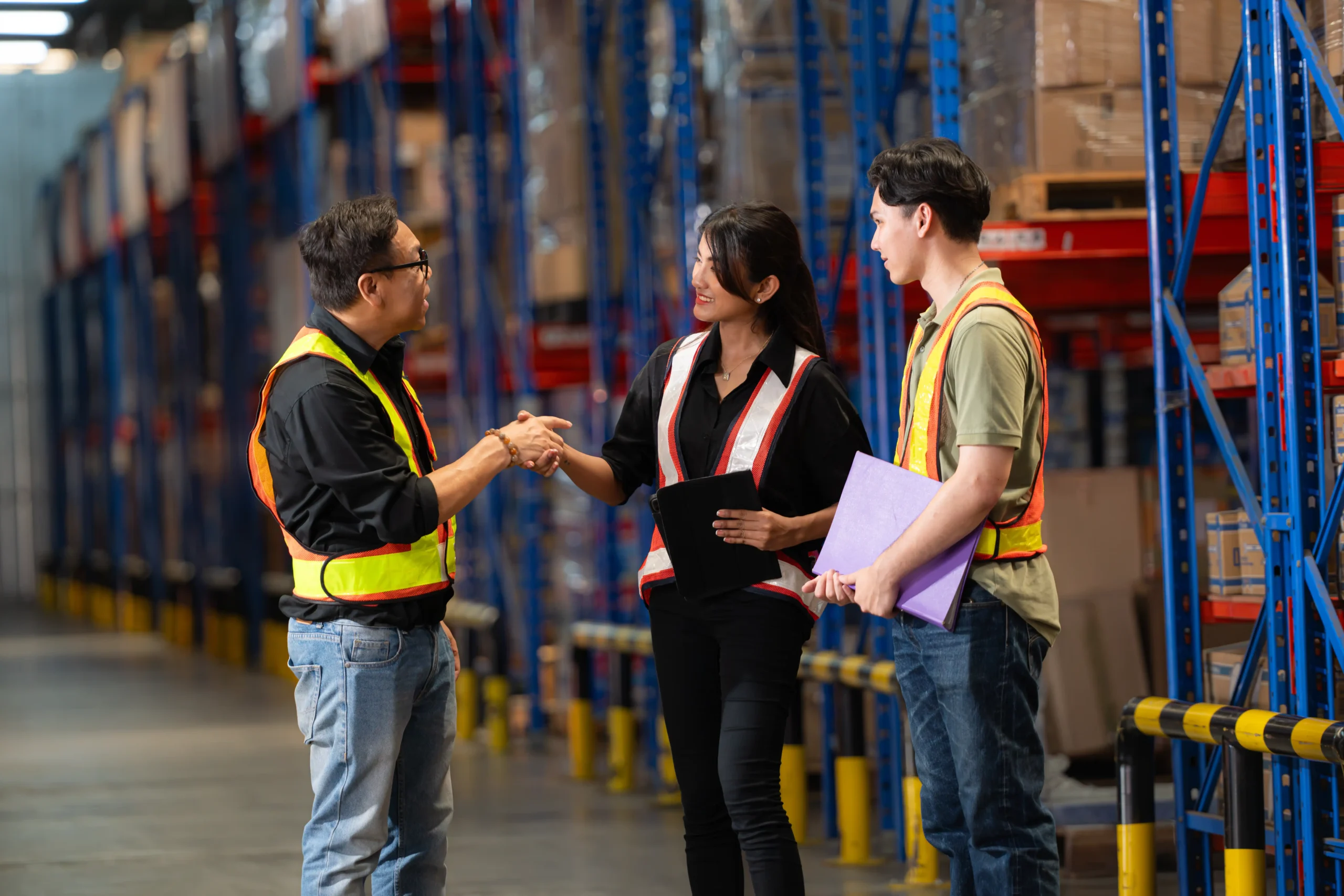 A group of warehouse employees inspecting products for quality and regulatory compliance in a distribution center.