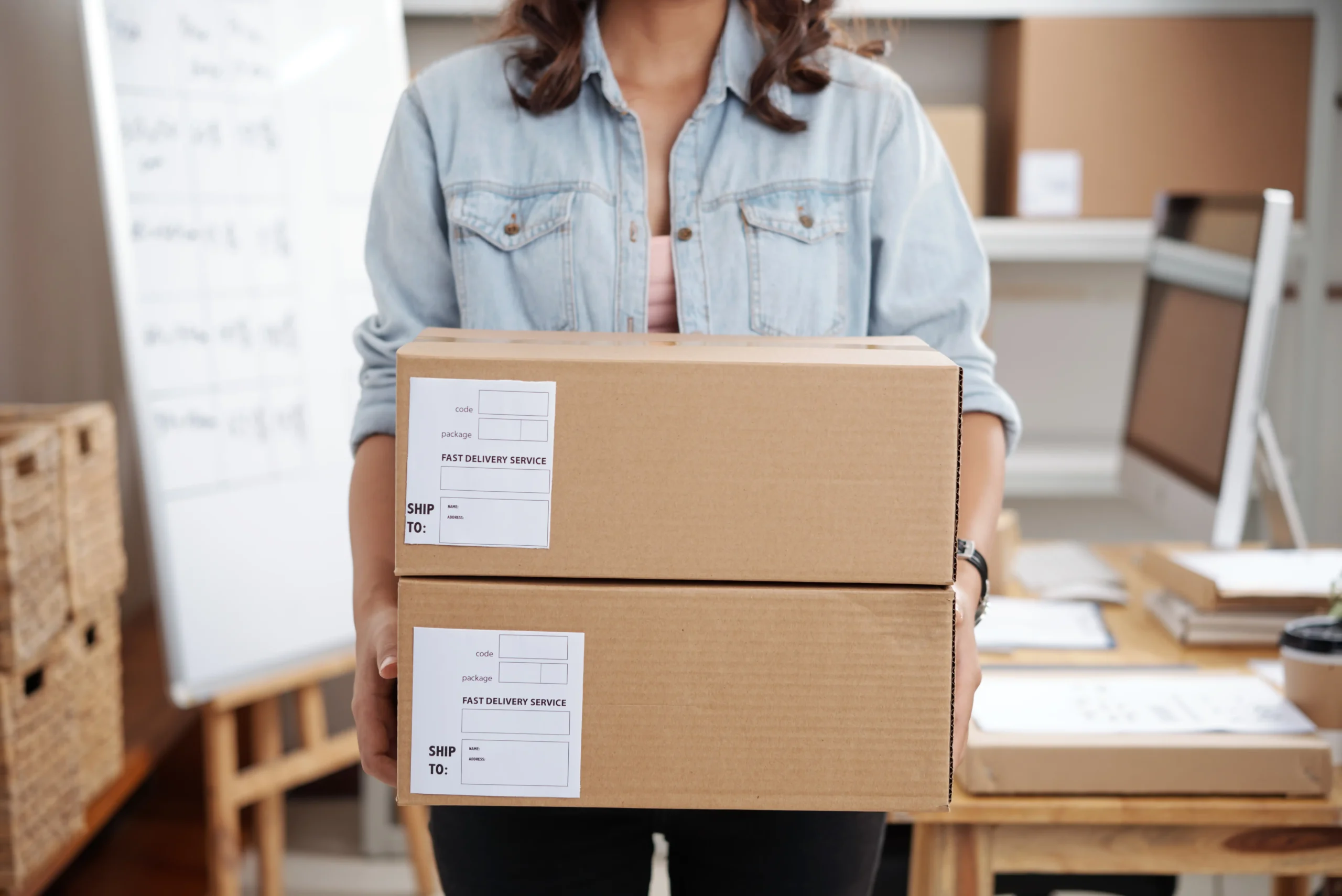 A worker holding parcels prepared for fast delivery, highlighting streamlined supply chains in free trade zones.