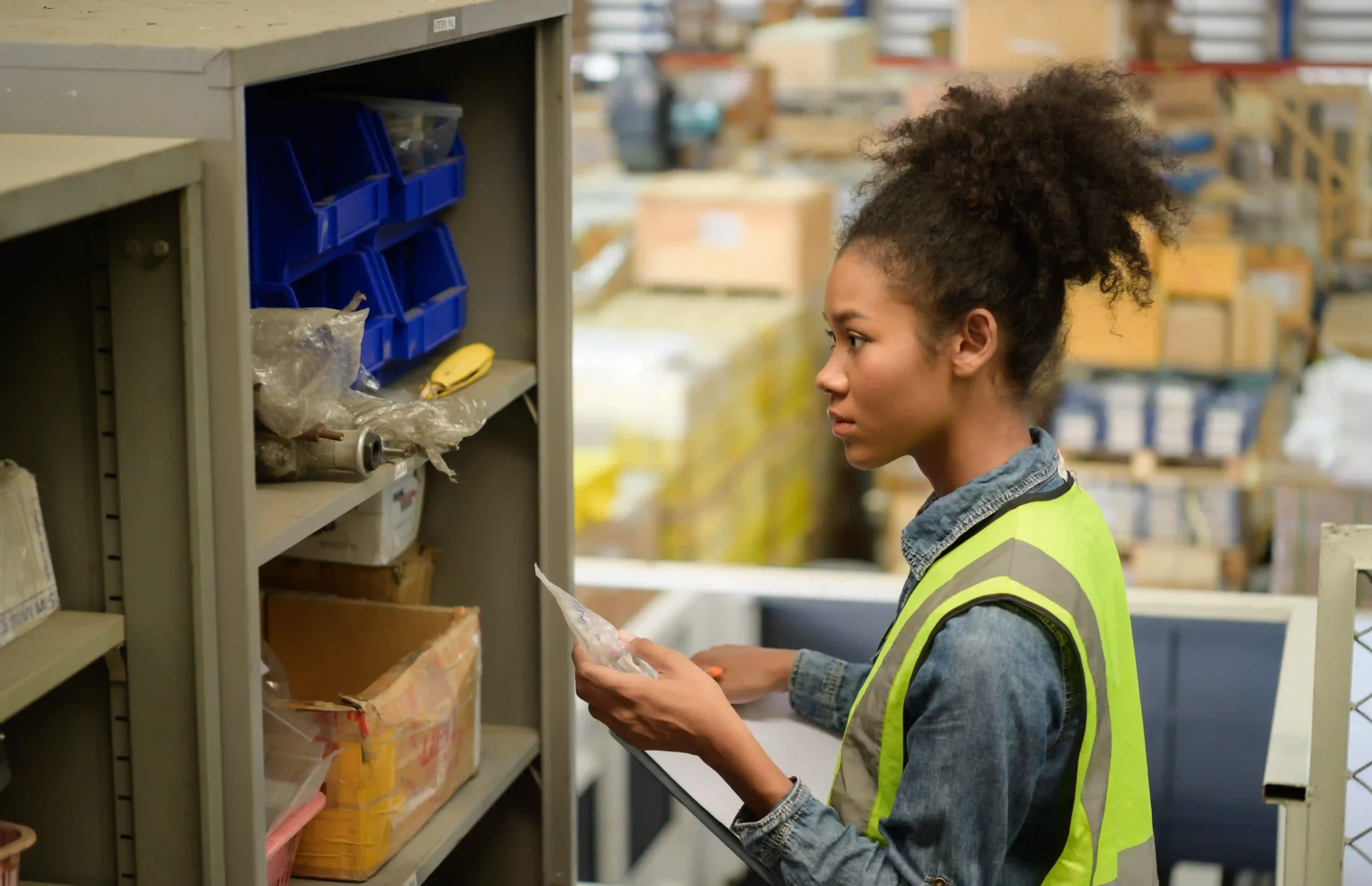 Warehouse worker checking inventory for accurate order fulfillment and stock management.