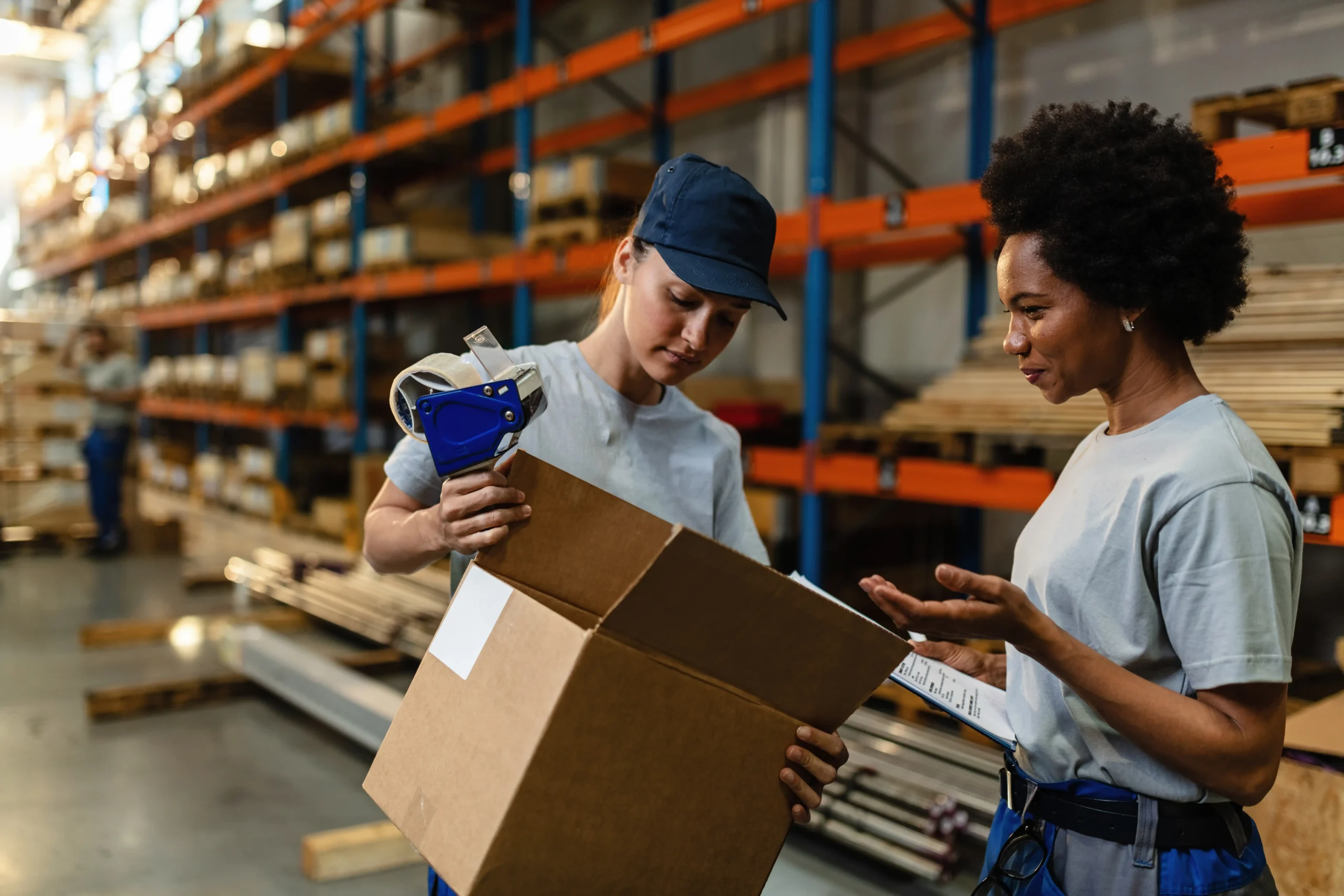 "Female warehouse workers inspecting a cardboard box in a sector-specific supply chain facility.