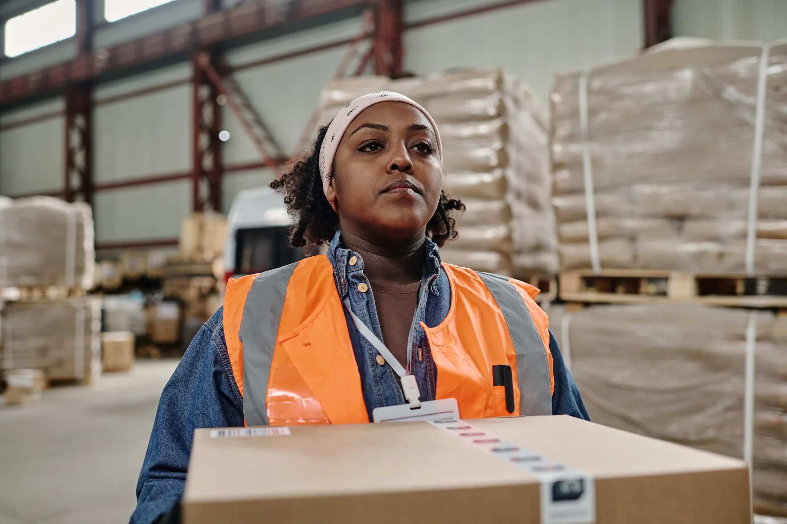 Female worker carrying a package in a sustainable logistics warehouse.