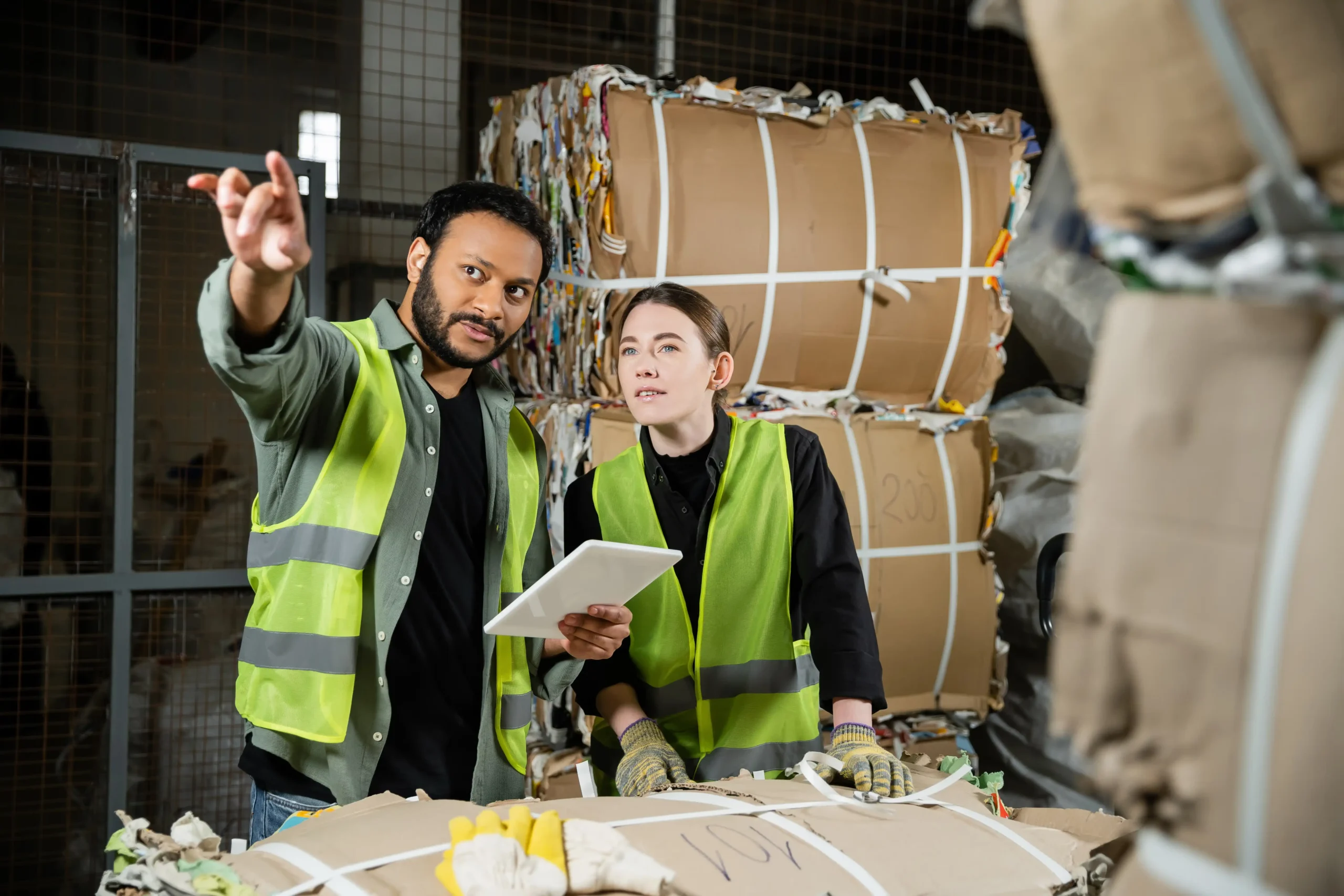 Recycling professionals analyzing sustainable waste management practices in a warehouse.