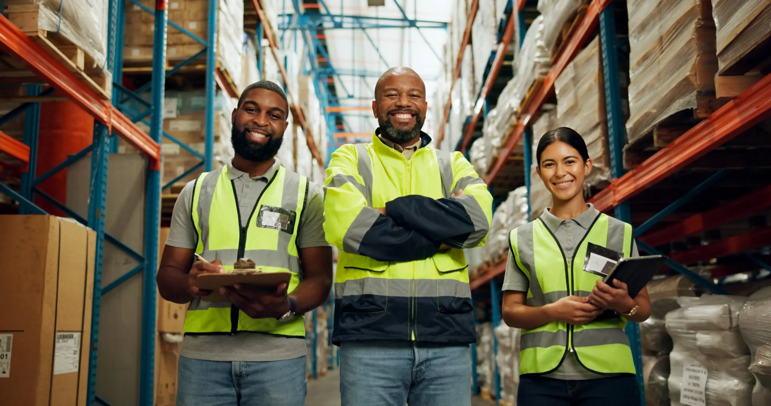 Team of logistics professionals in a warehouse focused on sustainability initiatives.