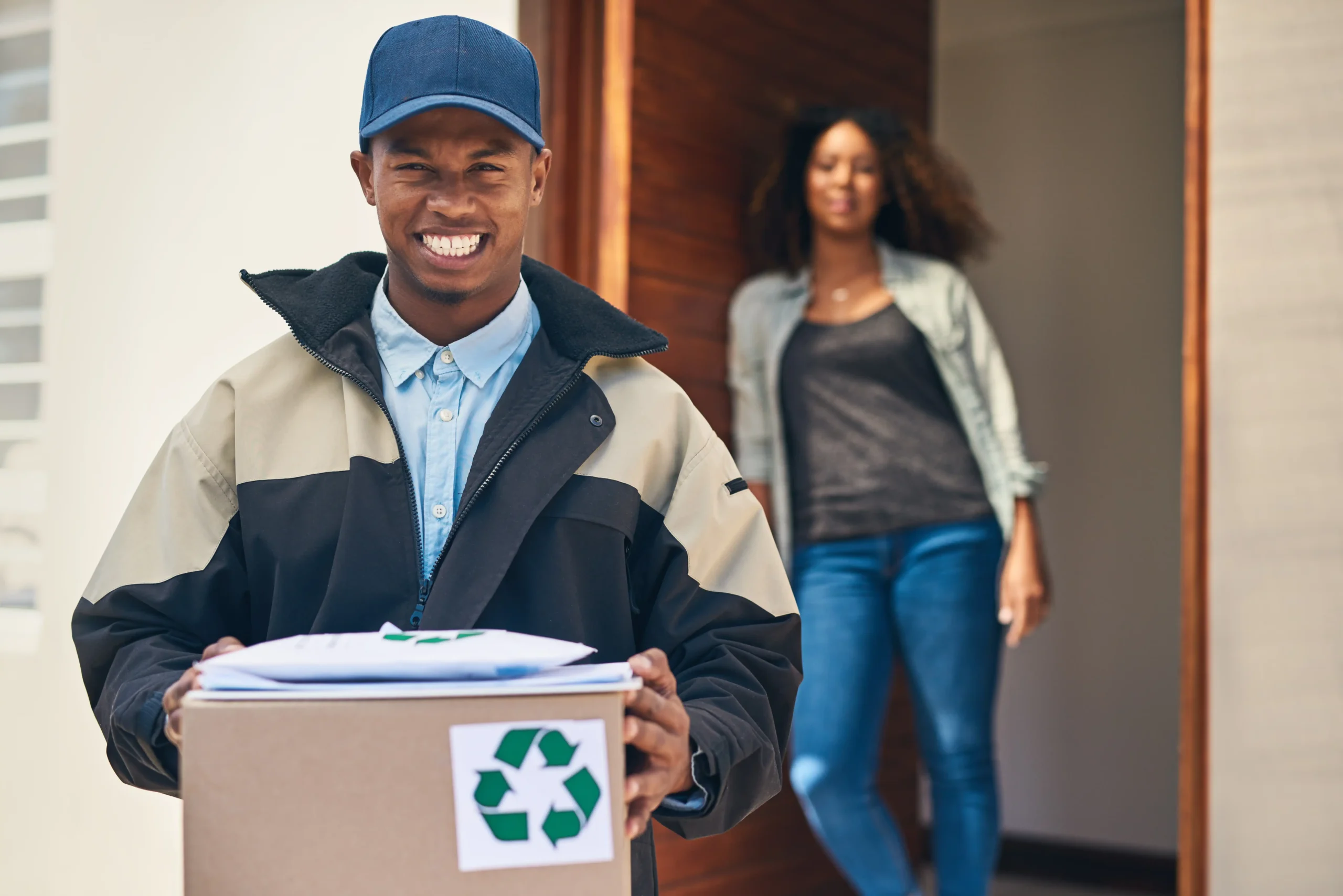 Courier delivering a package with a recycling logo, highlighting green last-mile delivery solutions.