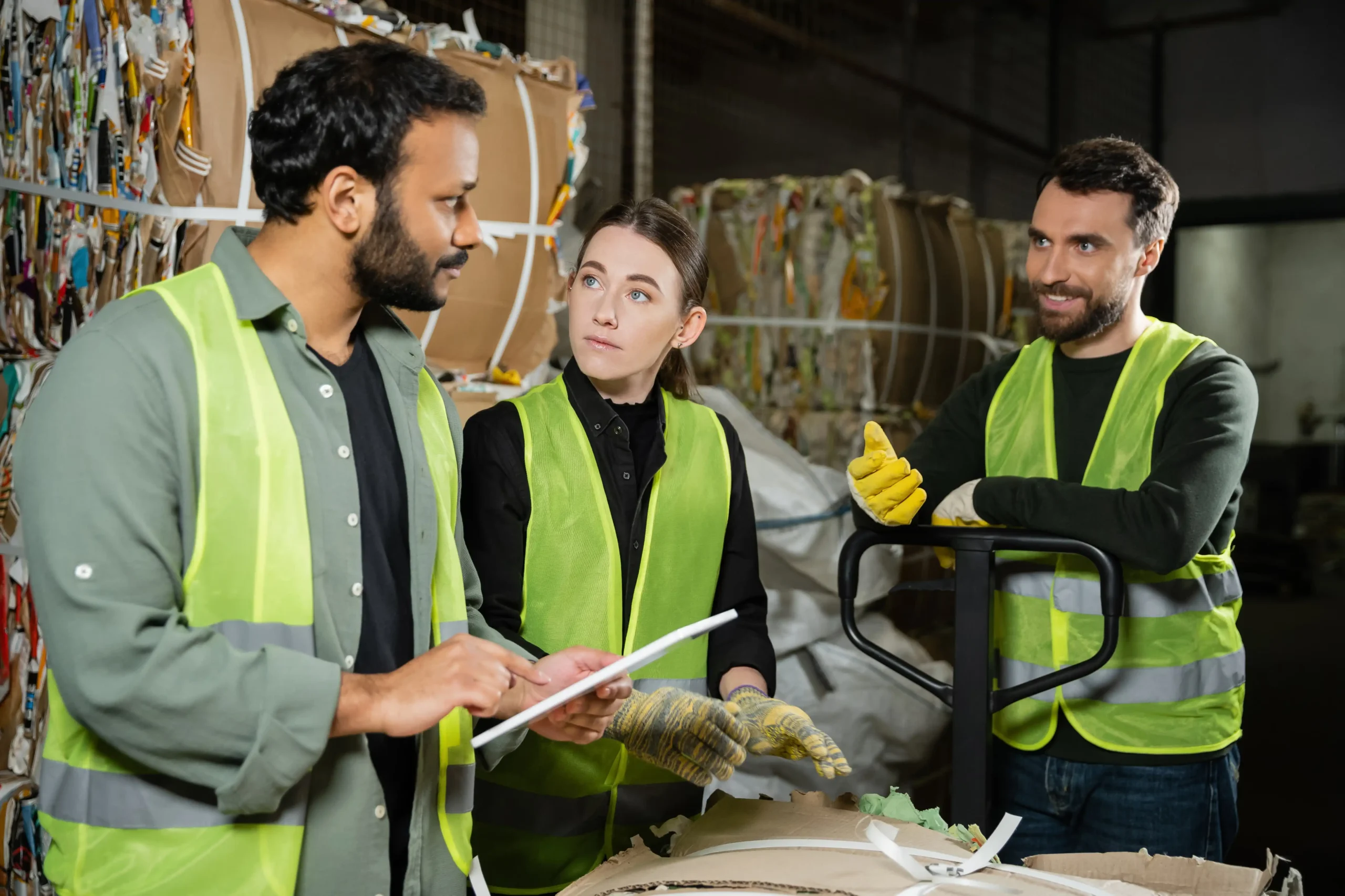 Warehouse workers discussing recycling strategies in a facility, promoting sustainable logistics practices.