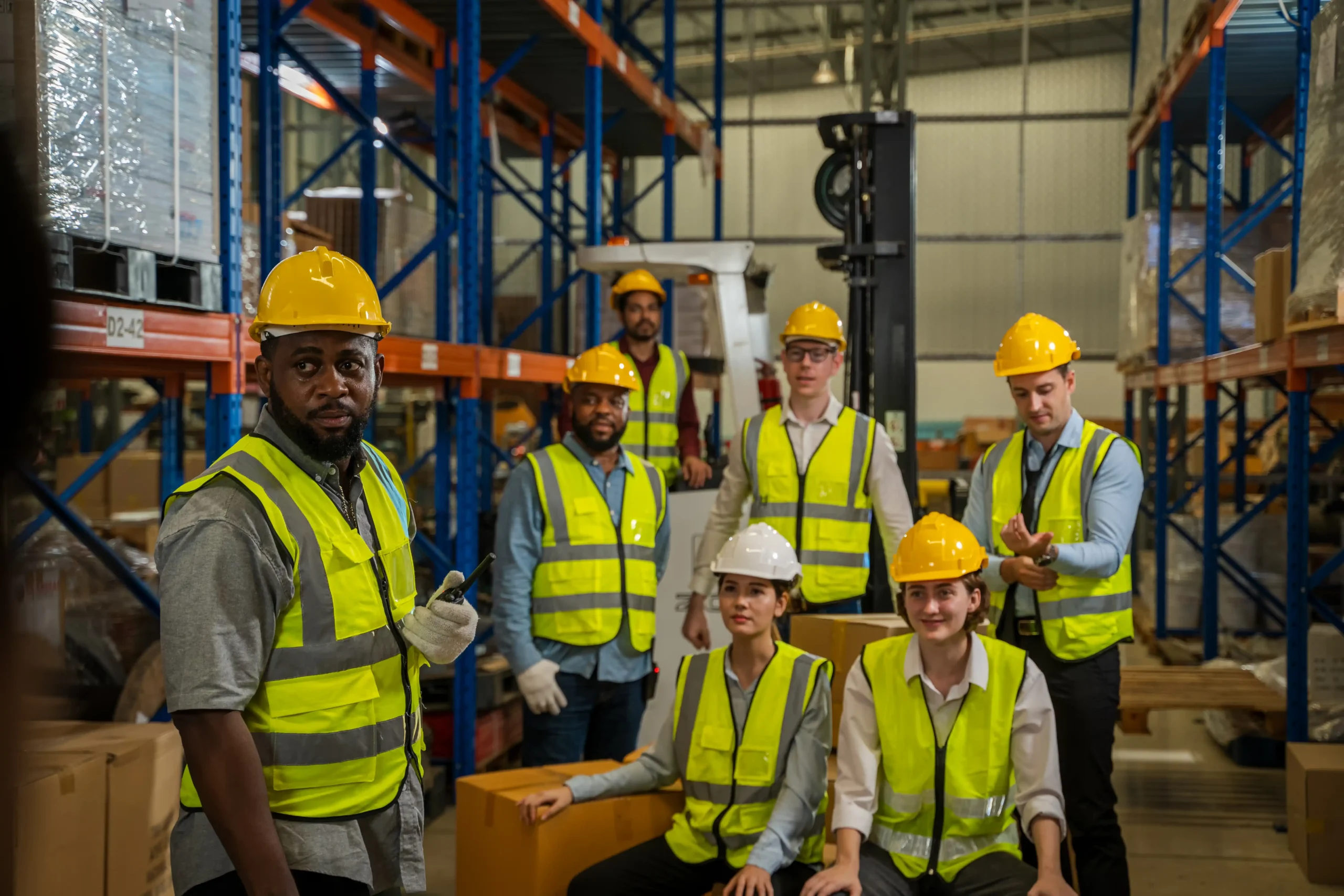 A diverse team of warehouse workers collaborating in a sustainable logistics operation.