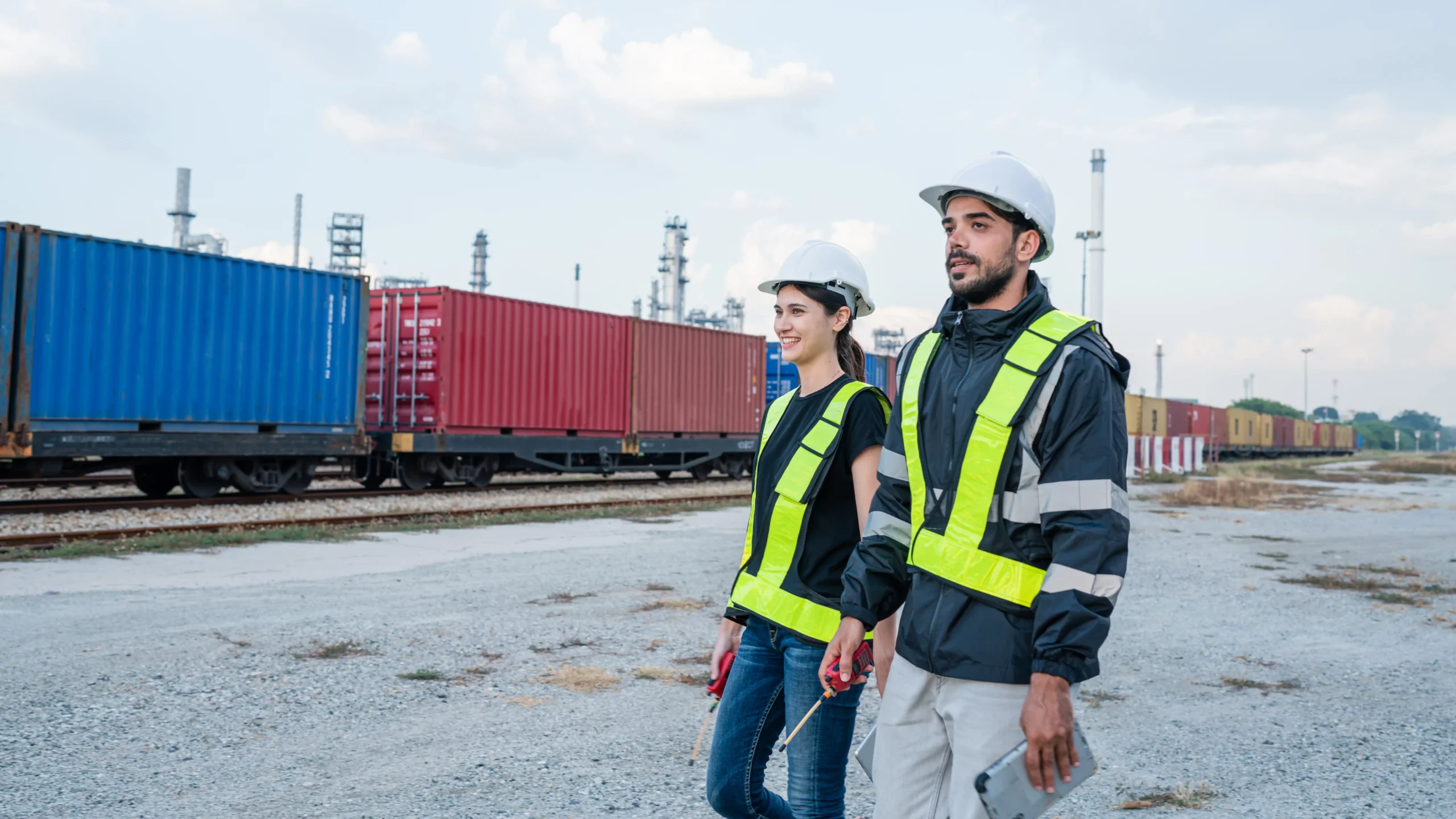 Railway logistics team ensuring safe and efficient cargo transport in a specialized logistics operation.