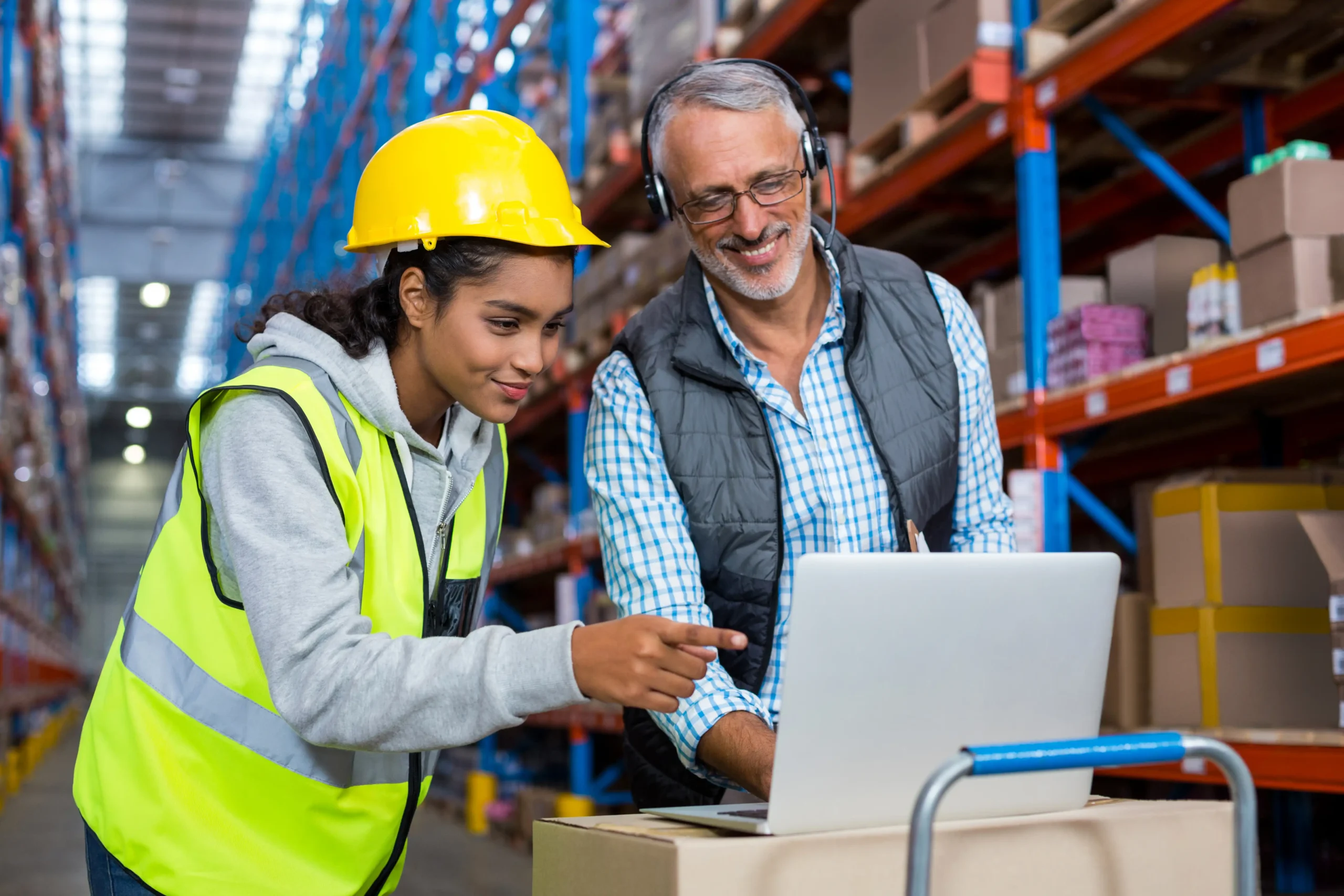 Warehouse manager and female worker reviewing inventory data on a laptop for logistics optimization.