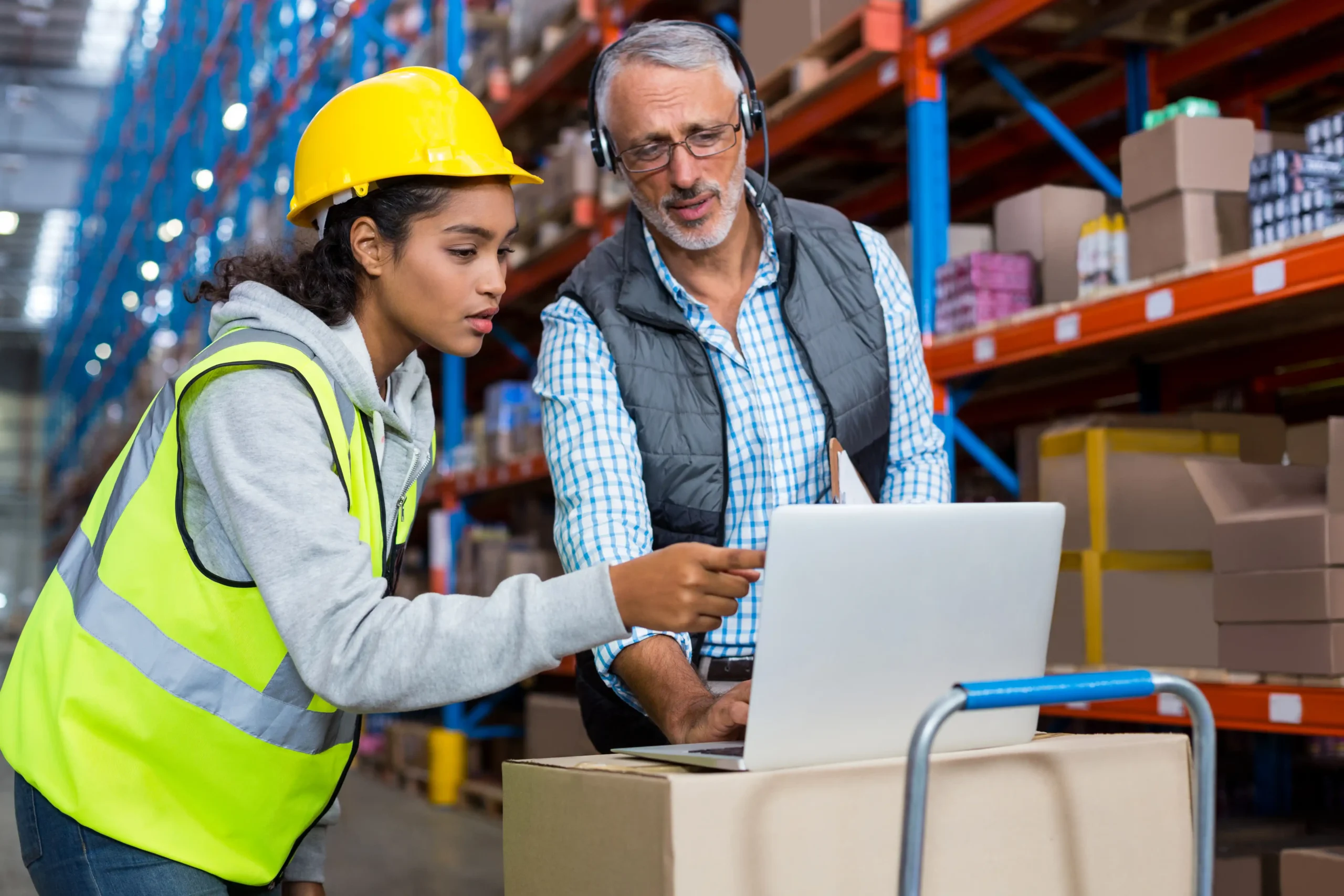 Warehouse manager and female worker collaborating on inventory management using a laptop for compliance tracking.